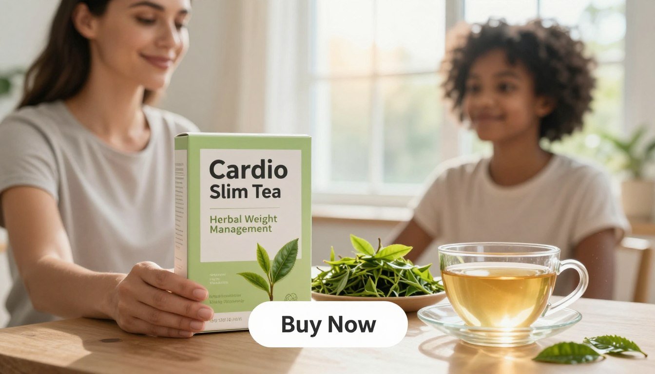A serene and inviting wellness setting featuring a diverse woman in modest casual clothing, holding a box of "Cardio Slim Tea" prominently in the foreground. She radiates confidence and health, with a gentle smile that conveys warmth and trust. The packaging is clearly labeled “Herbal Weight Management”. In the middle ground, display fresh green tea leaves and a teacup filled with the brewed tea, suggesting vitality and rejuvenation. The background features soft, natural light filtering through a sunlit window, casting a warm glow that enhances the atmosphere of tranquility. A subtle “Buy Now” button is elegantly positioned below the product, harmonizing with the overall design, while maintaining a clean and professional aesthetic. The image should evoke a sense of well-being and encourage viewers to explore the health benefits of Cardio Slim Tea. A serene and inviting wellness setting featuring a diverse woman in modest casual clothing, holding a box of "Cardio Slim Tea" prominently in the foreground. She radiates confidence and health, with a gentle smile that conveys warmth and trust. The packaging is clearly labeled “Herbal Weight Management”. In the middle ground, display fresh green tea leaves and a teacup filled with the brewed tea, suggesting vitality and rejuvenation. The background features soft, natural light filtering through a sunlit window, casting a warm glow that enhances the atmosphere of tranquility. A subtle “Buy Now” button is elegantly positioned below the product, harmonizing with the overall design, while maintaining a clean and professional aesthetic. The image should evoke a sense of well-being and encourage viewers to explore the health benefits of Cardio Slim Tea.