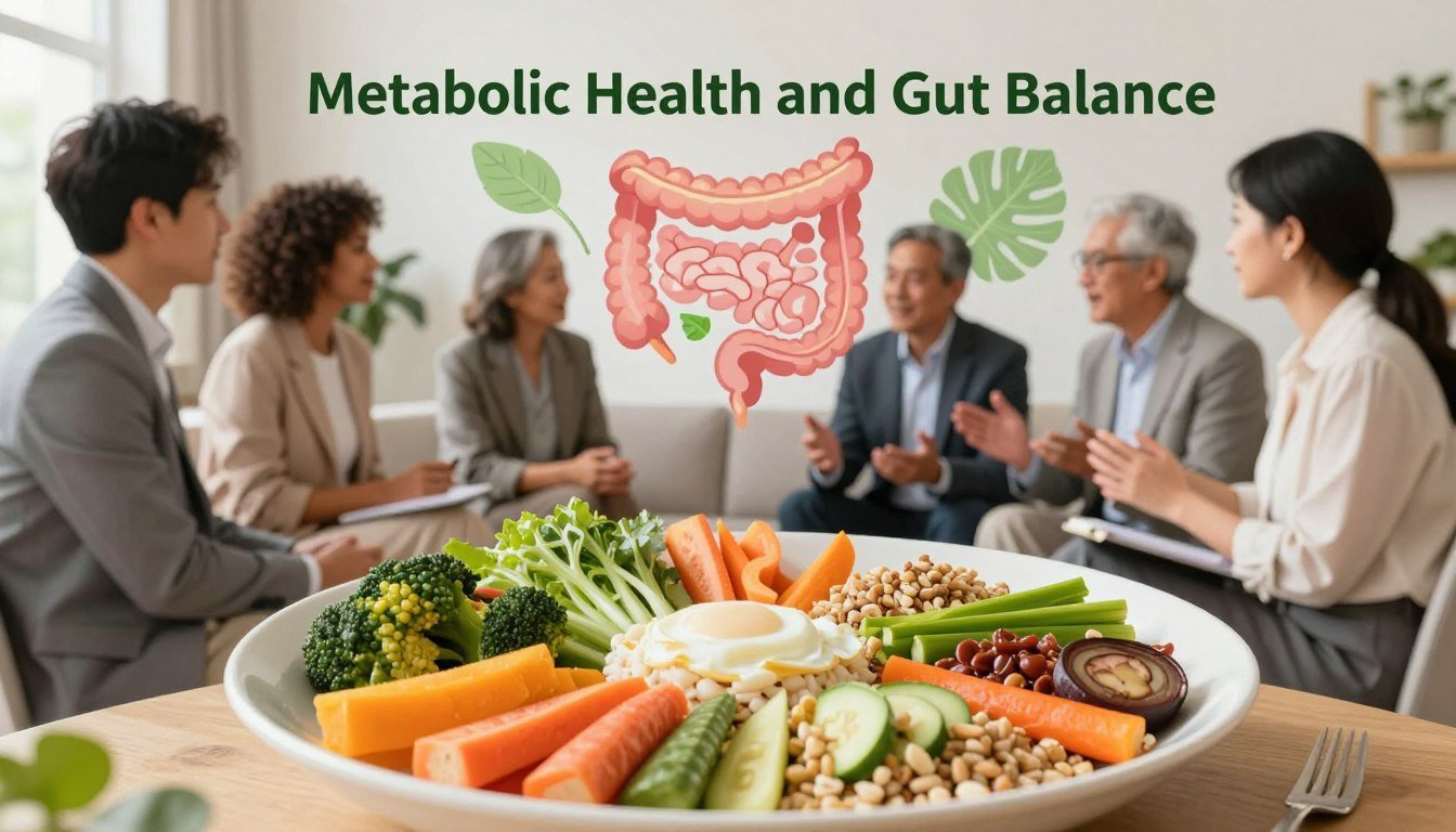 A serene and vibrant scene depicting "Metabolic Health and Gut Balance." In the foreground, a healthy meal plate filled with colorful vegetables, whole grains, and probiotics, symbolizing balanced nutrition. In the middle ground, a diverse group of individuals in professional attire engaged in a lively conversation, discussing health and wellness, embodying a community focused on achieving balance. In the background, a healthy gut illustration interwoven with natural elements like leaves and herbs, representing SlimLeaf's connection to nature. Soft, natural lighting enhances the warmth of the scene, creating an inviting atmosphere. The composition uses a gentle focus, highlighting the meal while the individuals remain clear and engaging. The overall mood is uplifting and inspiring, emphasizing the journey towards better metabolic health and digestive balance.