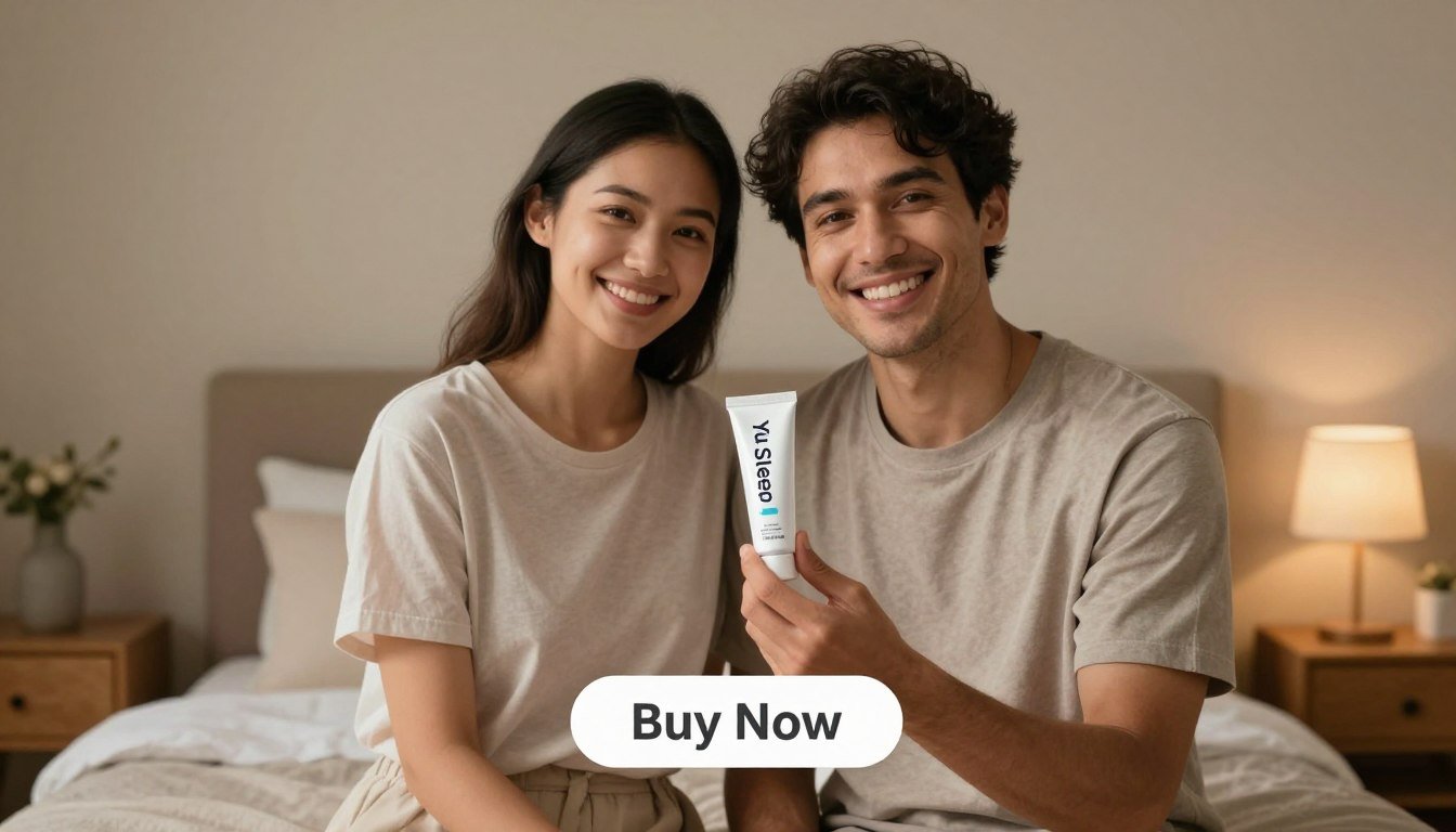 A serene and warm scene featuring a confident man and woman, smiling as they hold a tube of "Yu Sleep," a natural sleep quality booster, demonstrating its soothing benefits. They are dressed in modest, casual clothing, exuding an air of health and wellness. The foreground highlights the product with soft, gentle lighting to emphasize its calming qualities. In the middle, the cheerful duo stands against a cozy bedroom backdrop, complete with soft bedding and a nightstand with dim lighting, creating an inviting atmosphere for relaxation. The background includes soft, muted colors, creating a tranquil setting. Below them, a prominent "Buy Now" button is placed, inviting viewers to consider the product. The brand name "Health & Wellness" is subtly integrated into the scene. The overall mood is peaceful and inviting, promoting natural relaxation. A serene and warm scene featuring a confident man and woman, smiling as they hold a tube of "Yu Sleep," a natural sleep quality booster, demonstrating its soothing benefits. They are dressed in modest, casual clothing, exuding an air of health and wellness. The foreground highlights the product with soft, gentle lighting to emphasize its calming qualities. In the middle, the cheerful duo stands against a cozy bedroom backdrop, complete with soft bedding and a nightstand with dim lighting, creating an inviting atmosphere for relaxation. The background includes soft, muted colors, creating a tranquil setting. Below them, a prominent "Buy Now" button is placed, inviting viewers to consider the product. The brand name "Health & Wellness" is subtly integrated into the scene. The overall mood is peaceful and inviting, promoting natural relaxation.