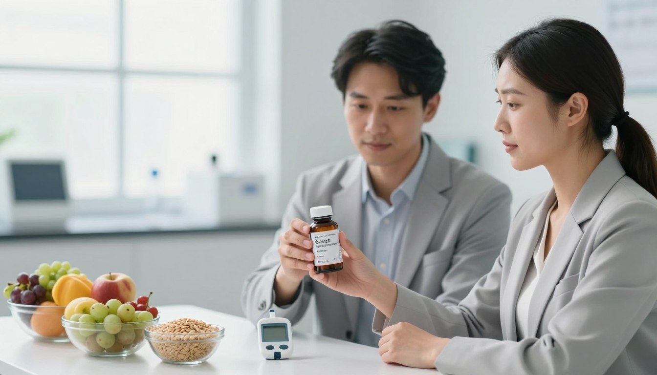 A serene clinical setting illustrating the concept of blood sugar challenges. In the foreground, a man and woman, dressed in professional business attire, are holding a sleek bottle labeled "Gluco6 Natural Diabetes Support Formula" by "Health & Wellness", both wearing expressions of hope and confidence. The middle ground features a well-lit table with a glucose meter and healthy food items like fruits and whole grains, symbolizing balanced blood sugar levels. The background showcases a soft-focus laboratory or health consultation room, with light streaming through large windows, creating an atmosphere of calm and positivity. The overall mood should convey a sense of understanding and support in managing diabetes, emphasizing the need for natural solutions. The image design omits any text, ensuring a clean and sharp visual appeal, perfect for a professional article. A serene clinical setting illustrating the concept of blood sugar challenges. In the foreground, a man and woman, dressed in professional business attire, are holding a sleek bottle labeled "Gluco6 Natural Diabetes Support Formula" by "Health & Wellness", both wearing expressions of hope and confidence. The middle ground features a well-lit table with a glucose meter and healthy food items like fruits and whole grains, symbolizing balanced blood sugar levels. The background showcases a soft-focus laboratory or health consultation room, with light streaming through large windows, creating an atmosphere of calm and positivity. The overall mood should convey a sense of understanding and support in managing diabetes, emphasizing the need for natural solutions. The image design omits any text, ensuring a clean and sharp visual appeal, perfect for a professional article.