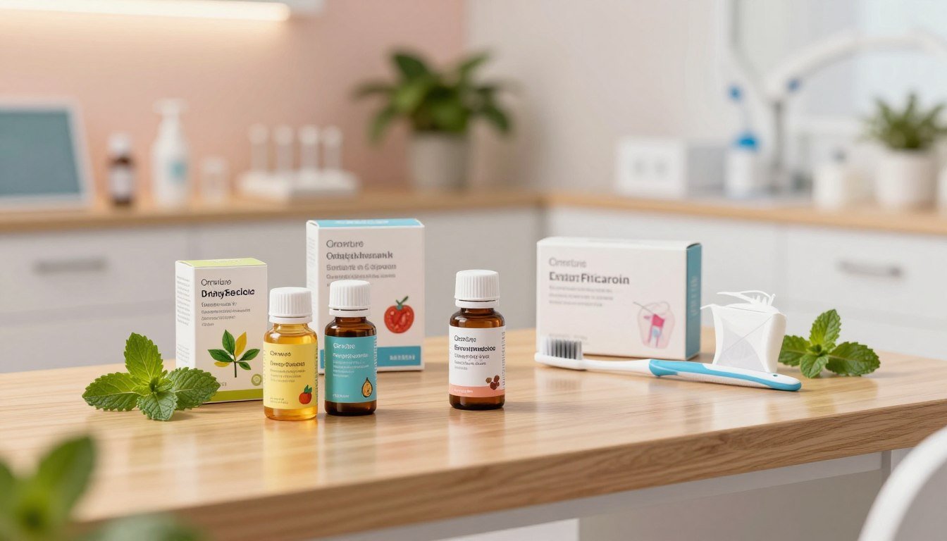 A serene dental environment showcasing a variety of oral probiotics in elegant packaging. In the foreground, vibrant probiotic bottles with natural ingredient illustrations, surrounded by mint leaves and gentle, warm lighting that reflects care and health. The middle ground features a polished wooden dental table with a toothbrush and dental floss set next to the probiotics, emphasizing an organized and inviting atmosphere. In the background, a softly blurred dentist’s office with pastel colors and plants, creating a calming and modern vibe. The scene captures a revolutionary approach to oral health, conveying a sense of innovation and vitality. The lighting is soft, evoking warmth and cleanliness, inviting viewers to explore the transformative benefits of oral probiotics. A serene dental environment showcasing a variety of oral probiotics in elegant packaging. In the foreground, vibrant probiotic bottles with natural ingredient illustrations, surrounded by mint leaves and gentle, warm lighting that reflects care and health. The middle ground features a polished wooden dental table with a toothbrush and dental floss set next to the probiotics, emphasizing an organized and inviting atmosphere. In the background, a softly blurred dentist’s office with pastel colors and plants, creating a calming and modern vibe. The scene captures a revolutionary approach to oral health, conveying a sense of innovation and vitality. The lighting is soft, evoking warmth and cleanliness, inviting viewers to explore the transformative benefits of oral probiotics.