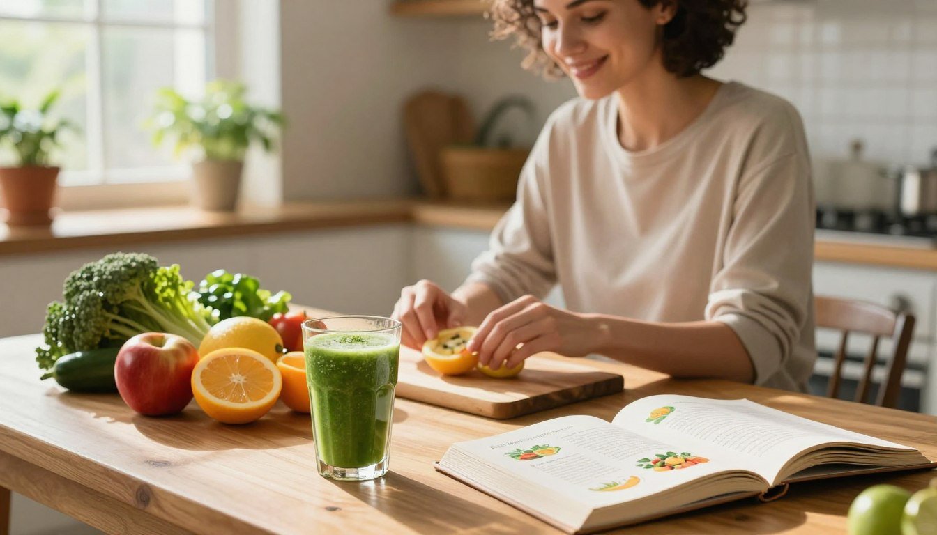 A serene kitchen setting bathed in warm, natural light, featuring a wooden table adorned with an assortment of fresh fruits and vegetables, illustrating a natural weight loss solution. In the foreground, a healthy smoothie in a glass sits next to a recipe book open to a page showcasing nutritious meal ideas. The middle ground shows a professional-looking individual casually dressed in modest clothing, exploring these natural ingredients with a content smile, conveying positivity and motivation. In the background, sunlight streams through a window, highlighting potted herbs and plants, adding to the atmosphere of health and wellness. The overall mood is inspiring, inviting viewers to embrace a holistic approach to weight loss. A serene kitchen setting bathed in warm, natural light, featuring a wooden table adorned with an assortment of fresh fruits and vegetables, illustrating a natural weight loss solution. In the foreground, a healthy smoothie in a glass sits next to a recipe book open to a page showcasing nutritious meal ideas. The middle ground shows a professional-looking individual casually dressed in modest clothing, exploring these natural ingredients with a content smile, conveying positivity and motivation. In the background, sunlight streams through a window, highlighting potted herbs and plants, adding to the atmosphere of health and wellness. The overall mood is inspiring, inviting viewers to embrace a holistic approach to weight loss.