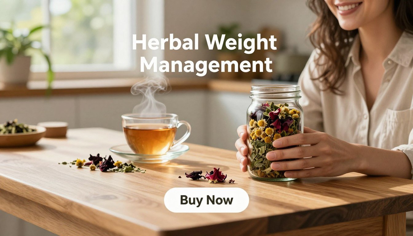 A serene kitchen setting with natural light filtering through a window, focusing on a wooden table. In the foreground, a smiling woman in modest casual clothing holds a glass jar filled with colorful herbal detox blend ingredients like dried chamomile, green tea leaves, and vibrant hibiscus flowers, symbolizing vitality and health. The middle layer features a small steaming cup of the brewed tea, along with a few scattered herbal elements elegantly arranged. The background shows soft green plants and a hint of a kitchen counter, creating a relaxing atmosphere. A stylized "Buy Now" button sits subtly beneath the table. The brand name "Herbal Weight Management" is artistically integrated into the scene. The lighting is warm and inviting, suggesting a focus on wellness and natural living. A serene kitchen setting with natural light filtering through a window, focusing on a wooden table. In the foreground, a smiling woman in modest casual clothing holds a glass jar filled with colorful herbal detox blend ingredients like dried chamomile, green tea leaves, and vibrant hibiscus flowers, symbolizing vitality and health. The middle layer features a small steaming cup of the brewed tea, along with a few scattered herbal elements elegantly arranged. The background shows soft green plants and a hint of a kitchen counter, creating a relaxing atmosphere. A stylized "Buy Now" button sits subtly beneath the table. The brand name "Herbal Weight Management" is artistically integrated into the scene. The lighting is warm and inviting, suggesting a focus on wellness and natural living.