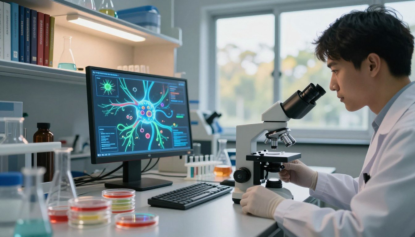 A serene laboratory setting filled with scientific tools and equipment, including petri dishes and microscopes, in the foreground. A close-up of a researcher in a white lab coat, attentively observing nerve cells under a microscope, emphasizing meticulous research. In the middle ground, a digital display showcases vibrant, animated diagrams of nerve support mechanisms, glowing softly with blues and greens. The background features shelves lined with reference books about neurobiology, lit by soft, warm overhead lighting that creates a calm, focused atmosphere. A large window reveals a tranquil outdoor scene, with gentle sunlight filtering through trees, symbolizing vitality and growth. Overall, convey a mood of scientific discovery and innovation in health.