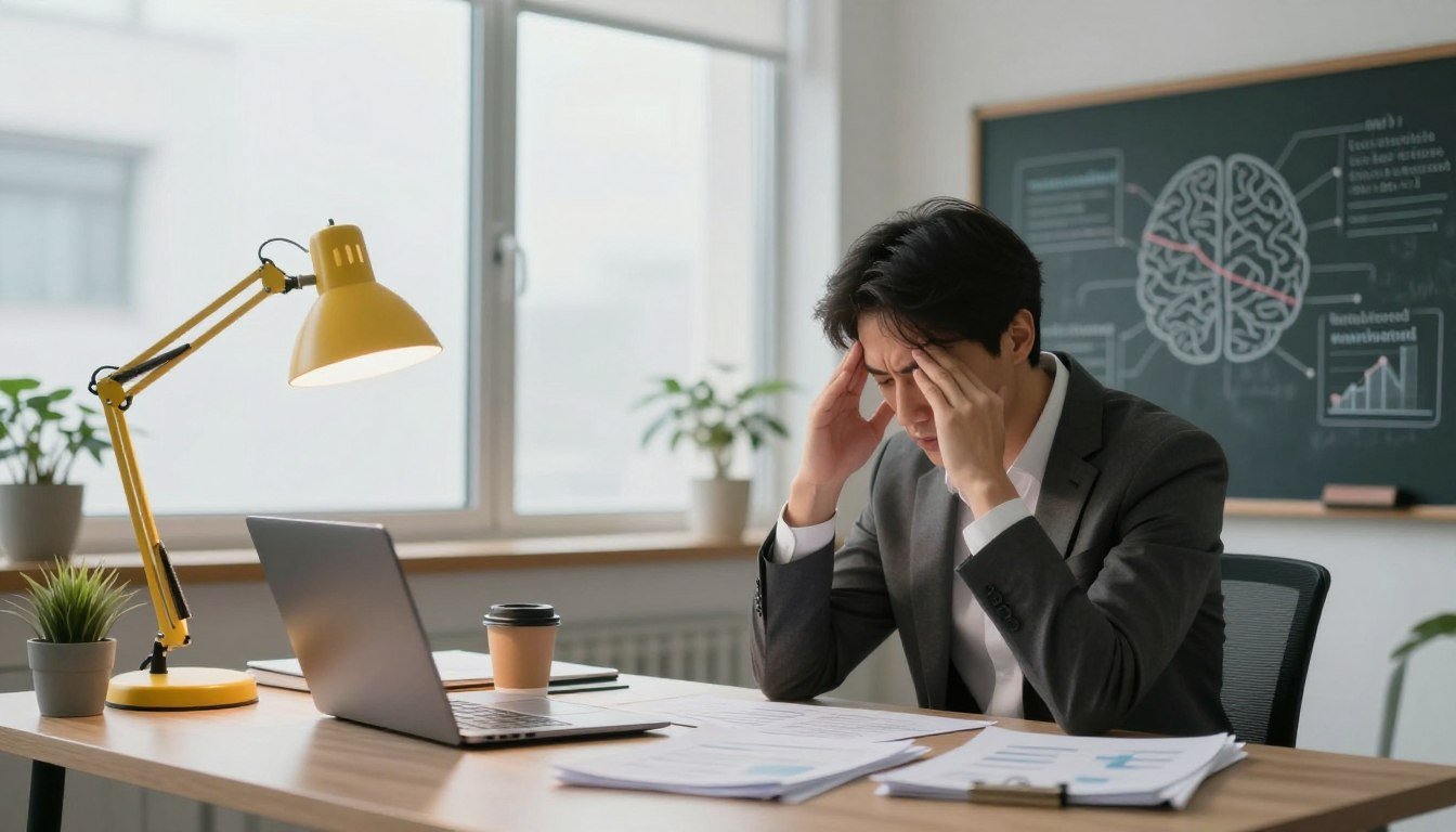 A serene office environment highlighting the impact of modern life on cognitive health. In the foreground, a business professional in smart attire sits at a cluttered desk, rubbing their temples in a moment of reflection, conveying brain fog. Papers, a laptop, and a coffee mug are strewn about, symbolizing information overload. In the middle ground, a chalkboard displays mind maps and digital charts illustrating cognitive decline and the pursuit for mental clarity. The background features bright windows flooding the room with soft, natural light, blending with the dim yellow glow of desk lamps, creating a contrast between stimulation and calm. The atmosphere is a blend of stress and hope, emphasizing the modern cognitive challenge. Shot with a slight depth of field to focus on the foreground activity while subtly blurring the background. A serene office environment highlighting the impact of modern life on cognitive health. In the foreground, a business professional in smart attire sits at a cluttered desk, rubbing their temples in a moment of reflection, conveying brain fog. Papers, a laptop, and a coffee mug are strewn about, symbolizing information overload. In the middle ground, a chalkboard displays mind maps and digital charts illustrating cognitive decline and the pursuit for mental clarity. The background features bright windows flooding the room with soft, natural light, blending with the dim yellow glow of desk lamps, creating a contrast between stimulation and calm. The atmosphere is a blend of stress and hope, emphasizing the modern cognitive challenge. Shot with a slight depth of field to focus on the foreground activity while subtly blurring the background.