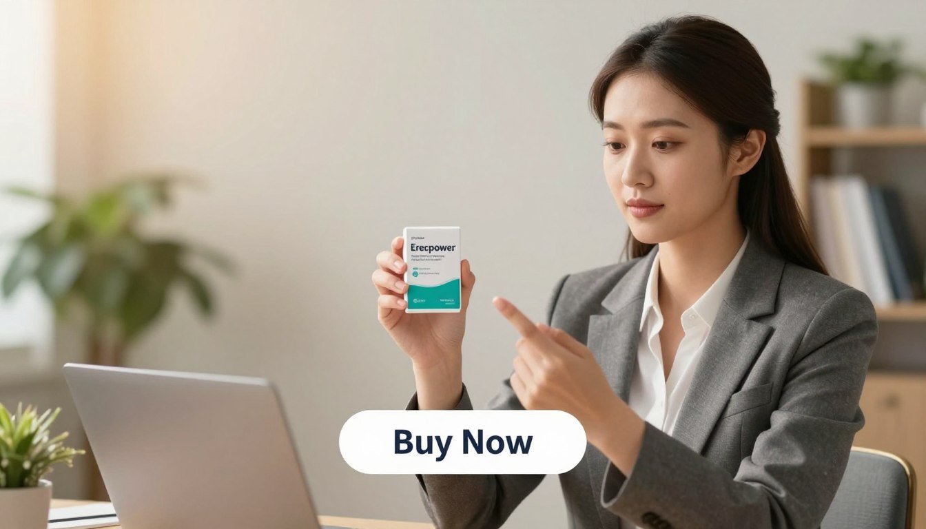 A serene office setting with a professional female figure in a smart business suit, confidently holding the "Erecpower" product in one hand and gesturing towards a "Buy Now" button displayed below. The foreground features her focused expression, symbolizing empowerment and support. In the middle ground, display soft, diffused lighting that creates a warm atmosphere, highlighting a sense of relief and freedom from anxiety. The background is a calming, softly blurred office space, incorporating elements like plants and a bookshelf, which convey professionalism and tranquility. The overall mood should evoke positivity and a sense of breaking free from the cycle of male performance anxiety, while maintaining a clean, SFW aesthetic. Include the brand name "Sexual Performance Support" subtly in the design. A serene office setting with a professional female figure in a smart business suit, confidently holding the "Erecpower" product in one hand and gesturing towards a "Buy Now" button displayed below. The foreground features her focused expression, symbolizing empowerment and support. In the middle ground, display soft, diffused lighting that creates a warm atmosphere, highlighting a sense of relief and freedom from anxiety. The background is a calming, softly blurred office space, incorporating elements like plants and a bookshelf, which convey professionalism and tranquility. The overall mood should evoke positivity and a sense of breaking free from the cycle of male performance anxiety, while maintaining a clean, SFW aesthetic. Include the brand name "Sexual Performance Support" subtly in the design.