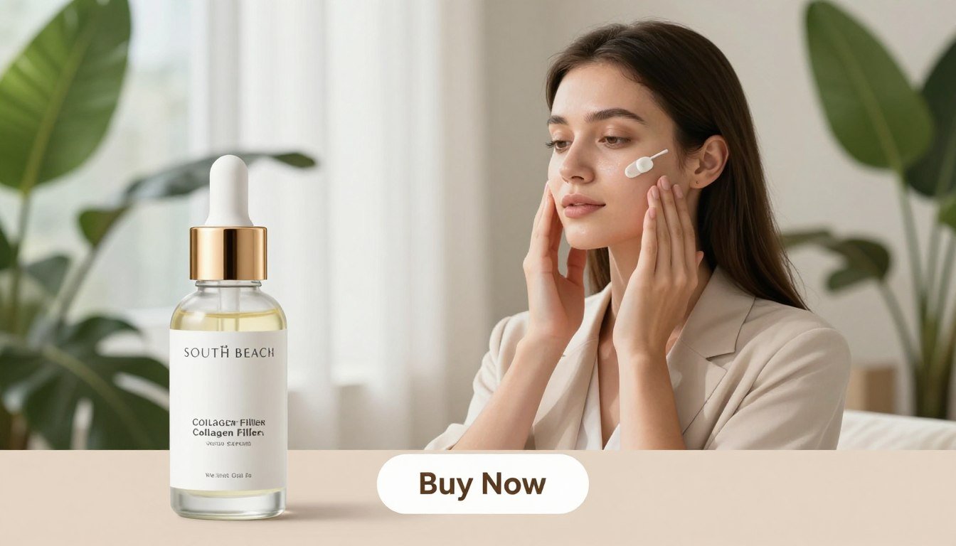 A serene spa setting featuring a young woman in professional business attire, gently applying the South Beach Collagen Filler Serum onto her skin. In the foreground, the product is elegantly displayed in a sleek glass bottle with a modern design. In the middle, her focused expression highlights the innovative, science-backed technology that rejuvenates and revitalizes the skin. The background showcases soft, diffused natural light filtering through sheer curtains, creating a calming atmosphere. The scene is framed with lush greenery, symbolizing health and vitality. Below the product, a tasteful “Buy Now” button appears, and the brand name “Wellness & Personal Care” is subtly integrated into the design. The image conveys a sense of sophistication, trust, and well-being, perfect for illustrating the science behind collagen filler technology. A serene spa setting featuring a young woman in professional business attire, gently applying the South Beach Collagen Filler Serum onto her skin. In the foreground, the product is elegantly displayed in a sleek glass bottle with a modern design. In the middle, her focused expression highlights the innovative, science-backed technology that rejuvenates and revitalizes the skin. The background showcases soft, diffused natural light filtering through sheer curtains, creating a calming atmosphere. The scene is framed with lush greenery, symbolizing health and vitality. Below the product, a tasteful “Buy Now” button appears, and the brand name “Wellness & Personal Care” is subtly integrated into the design. The image conveys a sense of sophistication, trust, and well-being, perfect for illustrating the science behind collagen filler technology.