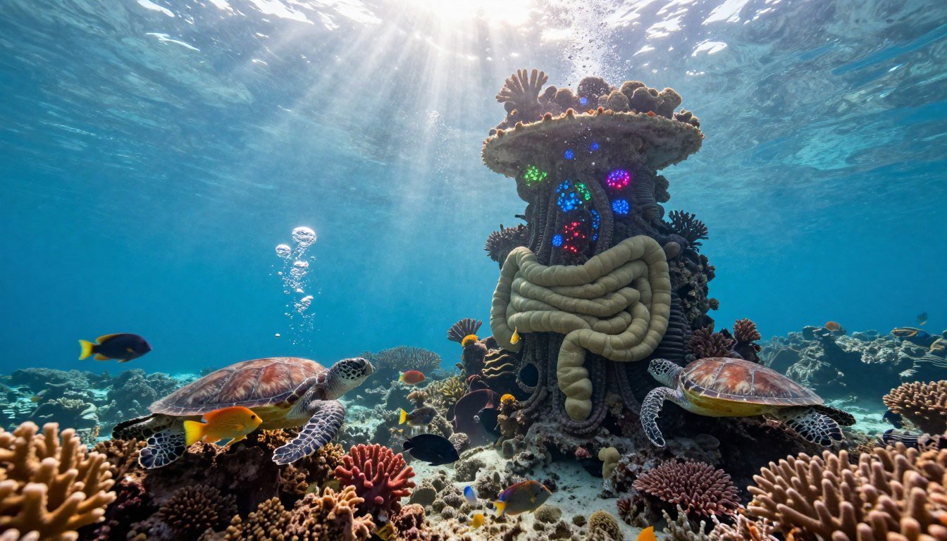 A serene underwater scene depicting a vibrant coral reef, with an emphasis on a mystical, ancient-looking underwater structure symbolizing gut health. In the foreground, colorful, healthy marine life, such as fish and sea turtles, gracefully swim around the unique structure adorned with bioluminescent elements. In the middle ground, realistic bubbles gently rise towards the surface, adding to the tranquility of the scene. The background features soft, diffused sunlight filtering through the water, creating an ethereal glow. The atmosphere is peaceful and inviting, encouraging a sense of well-being and harmony. Use a wide-angle lens to capture the depth of the underwater world, ensuring vibrant colors and intricate details are prominent. A serene underwater scene depicting a vibrant coral reef, with an emphasis on a mystical, ancient-looking underwater structure symbolizing gut health. In the foreground, colorful, healthy marine life, such as fish and sea turtles, gracefully swim around the unique structure adorned with bioluminescent elements. In the middle ground, realistic bubbles gently rise towards the surface, adding to the tranquility of the scene. The background features soft, diffused sunlight filtering through the water, creating an ethereal glow. The atmosphere is peaceful and inviting, encouraging a sense of well-being and harmony. Use a wide-angle lens to capture the depth of the underwater world, ensuring vibrant colors and intricate details are prominent.