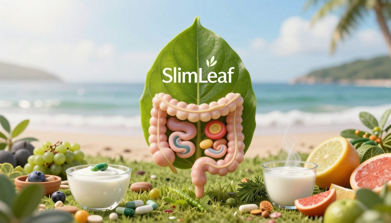 A serene, visually striking representation of gut health, featuring a vibrant green leaf symbolizing SlimLeaf as the focal point. In the foreground, there are lush, detailed probiotics and natural ingredients, like yogurt and colorful fruits, artistically arranged to evoke a sense of wellness. The middle ground showcases an abstract depiction of gut microbiomes with swirling, colorful patterns indicating balance and vitality. The background is a soft-focus coastal landscape, imbued with natural light filtering through mist, creating a calm and inviting atmosphere. The lighting is bright and airy, highlighting the freshness of the scene. Overall, the image captures a holistic and rejuvenating wellness journey, emphasizing the SlimLeaf brand's commitment to gut microbiome health.