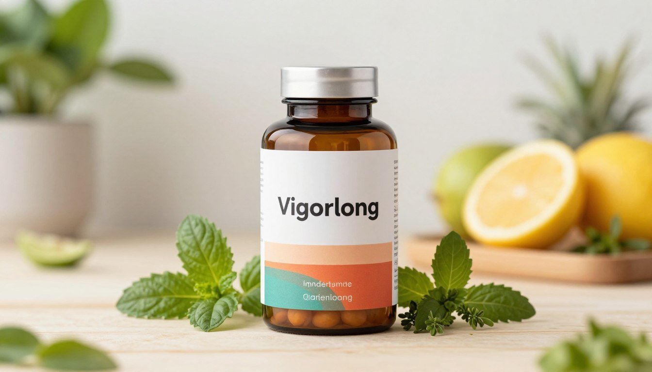 A sleek and modern Vigorlong supplement bottle sits prominently in the foreground, made of glass with a matte finish and an elegant label, featuring vibrant colors that evoke vitality. Surrounding the bottle are fresh, energetic ingredients like herbs and fruits, artistically arranged on a clean wooden surface. In the middle ground, soft diffused lighting highlights the product, creating a sense of warmth and health. The background is a bright, airy wellness-oriented setting with blurred green plants and a calming atmosphere, suggesting a natural, holistic approach to wellness. The overall mood is uplifting and vibrant, evoking feelings of health and vitality, with a focus on the transformative power of Vigorlong. A sleek and modern Vigorlong supplement bottle sits prominently in the foreground, made of glass with a matte finish and an elegant label, featuring vibrant colors that evoke vitality. Surrounding the bottle are fresh, energetic ingredients like herbs and fruits, artistically arranged on a clean wooden surface. In the middle ground, soft diffused lighting highlights the product, creating a sense of warmth and health. The background is a bright, airy wellness-oriented setting with blurred green plants and a calming atmosphere, suggesting a natural, holistic approach to wellness. The overall mood is uplifting and vibrant, evoking feelings of health and vitality, with a focus on the transformative power of Vigorlong.