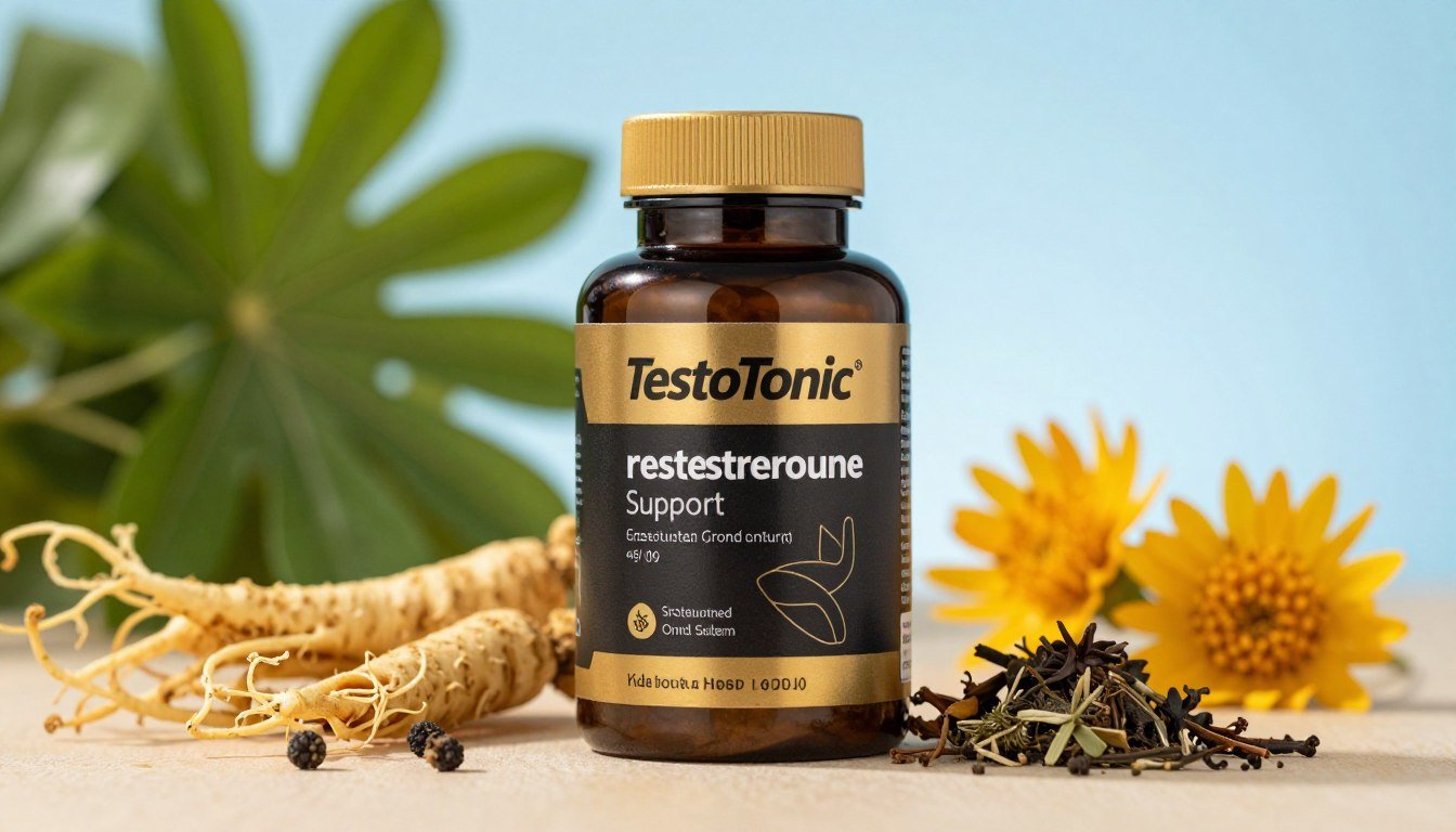 A sleek and modern bottle of TestoTonic testosterone support supplement prominently displayed in the foreground, with a matte black and gold design that conveys premium quality. The bottle is surrounded by a mix of natural elements like ginseng roots, tribulus flowers, and a handful of organic herbs, emphasizing the natural ingredients. In the middle ground, soft-focus green leafy plants create a fresh, vibrant atmosphere, while a subtle gradient backdrop hints at a calm blue sky. The lighting is warm and inviting, casting gentle reflections off the bottle, highlighting its textures. The overall mood should evoke vitality, health, and wellness, appealing to those seeking to enhance their energy and performance naturally. The composition should be captured with a shallow depth of field to draw attention to the supplement. A sleek and modern bottle of TestoTonic testosterone support supplement prominently displayed in the foreground, with a matte black and gold design that conveys premium quality. The bottle is surrounded by a mix of natural elements like ginseng roots, tribulus flowers, and a handful of organic herbs, emphasizing the natural ingredients. In the middle ground, soft-focus green leafy plants create a fresh, vibrant atmosphere, while a subtle gradient backdrop hints at a calm blue sky. The lighting is warm and inviting, casting gentle reflections off the bottle, highlighting its textures. The overall mood should evoke vitality, health, and wellness, appealing to those seeking to enhance their energy and performance naturally. The composition should be captured with a shallow depth of field to draw attention to the supplement.