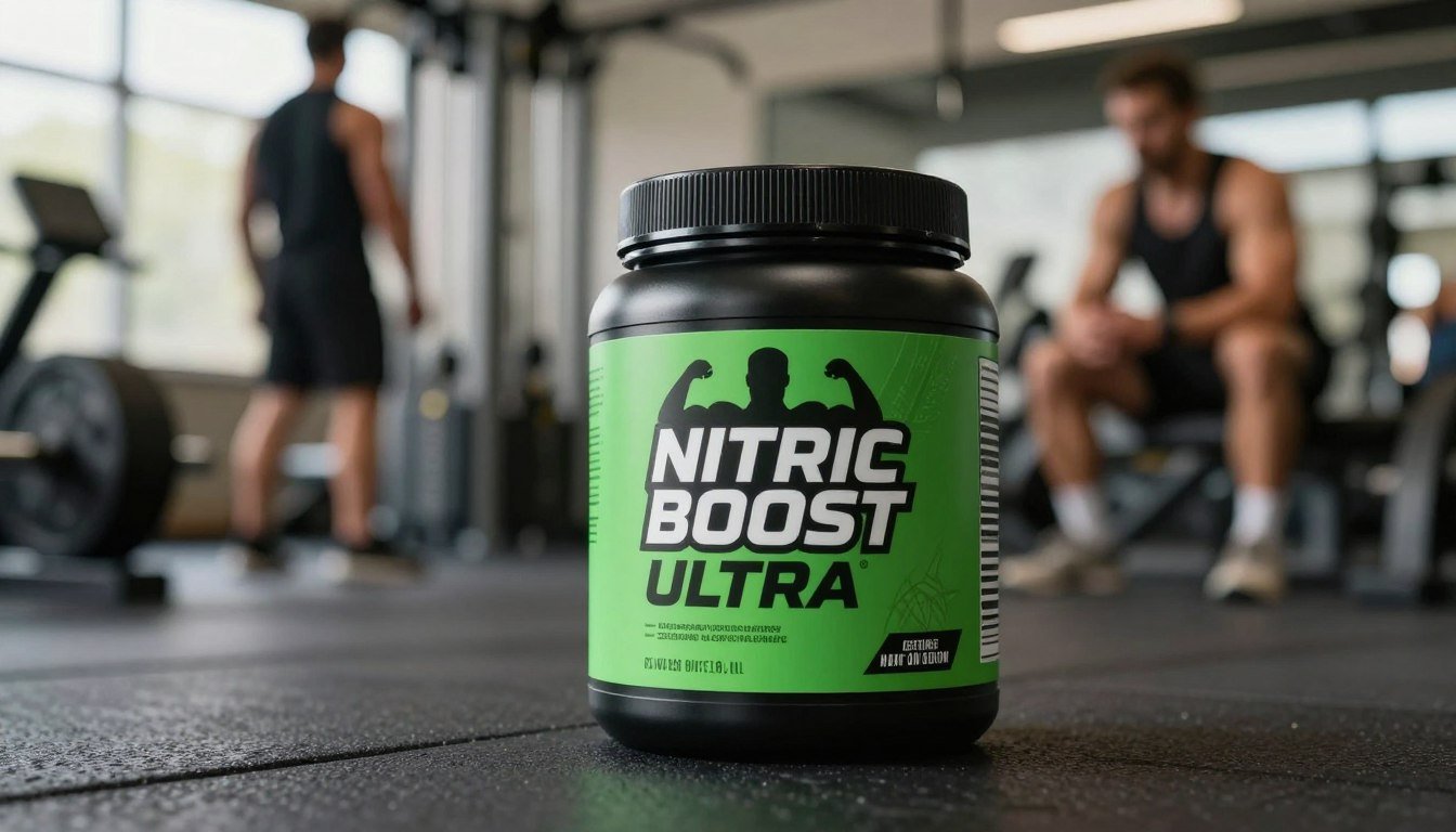 A sleek container of Nitric Boost Ultra sits prominently in the foreground, showcasing its modern, eye-catching design with a matte black finish accentuated by a vibrant green label featuring a muscle graphic. The background features a blurred gym setting, highlighting weight equipment and fitness enthusiasts engaged in strength training. Soft, natural lighting illuminates the scene, casting gentle shadows that enhance the textural contrast of the product and the gym environment. The composition includes a close-up angle, focusing on the nutritional supplement to emphasize its importance for muscle building. The overall atmosphere conveys energy and determination, appealing to fitness enthusiasts seeking to enhance their performance. A sleek container of Nitric Boost Ultra sits prominently in the foreground, showcasing its modern, eye-catching design with a matte black finish accentuated by a vibrant green label featuring a muscle graphic. The background features a blurred gym setting, highlighting weight equipment and fitness enthusiasts engaged in strength training. Soft, natural lighting illuminates the scene, casting gentle shadows that enhance the textural contrast of the product and the gym environment. The composition includes a close-up angle, focusing on the nutritional supplement to emphasize its importance for muscle building. The overall atmosphere conveys energy and determination, appealing to fitness enthusiasts seeking to enhance their performance.