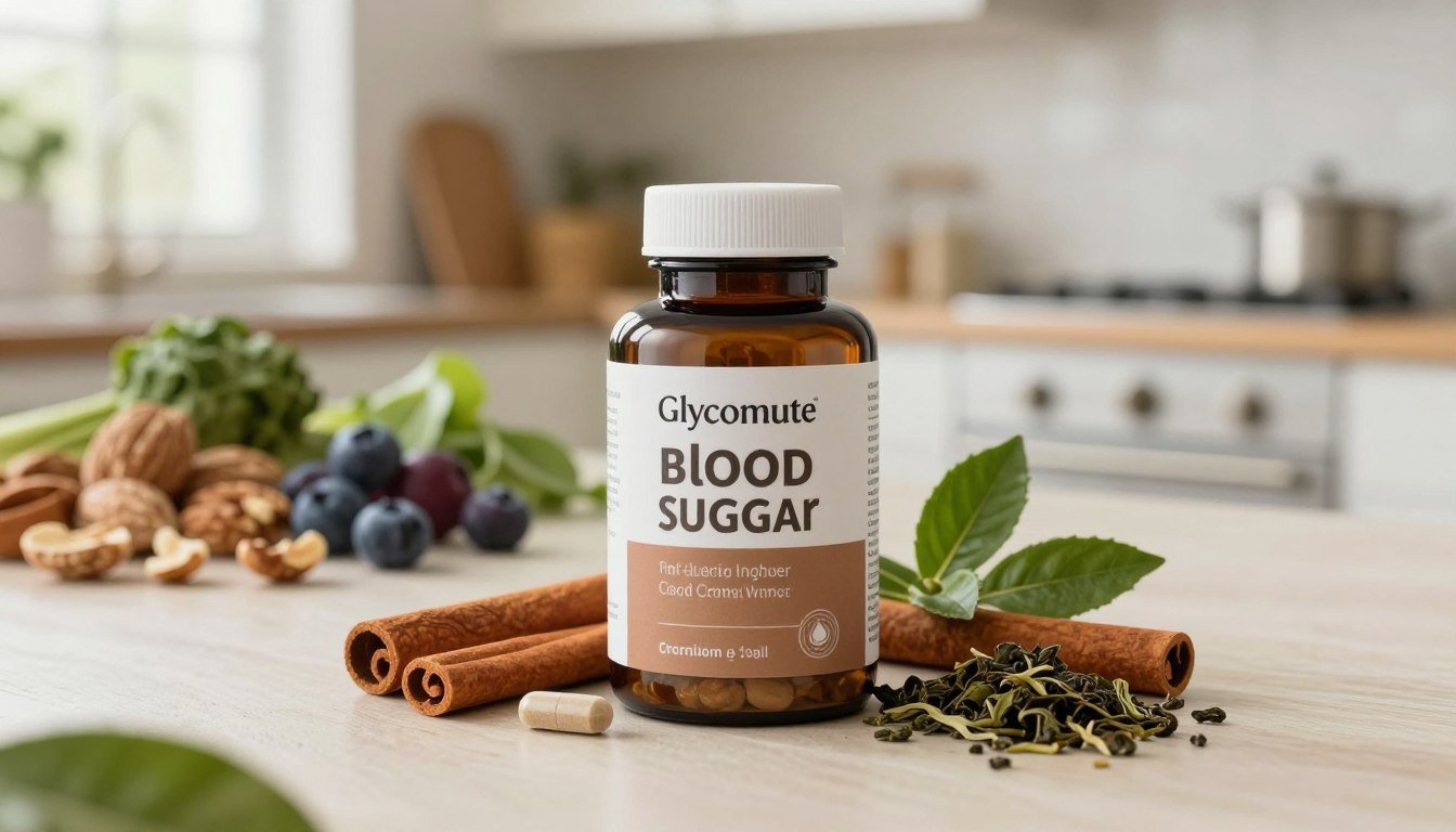 A sleek, elegant overview of a natural blood sugar support supplement, featuring a bottle of Glycomute Blood Sugar placed prominently in the foreground. The supplement bottle is designed with earthy tones and a modern aesthetic, showcasing botanical elements like cinnamon sticks, chromium, and green tea leaves artistically arranged around it. In the middle ground, blurred images of healthy foods, such as nuts, berries, and leafy greens, create a vibrant, health-conscious atmosphere. The background features a softly lit kitchen space, providing a warm and inviting ambiance with natural light coming in from a nearby window. The scene captures a sense of balance and well-being, evoking trust and natural health solutions.