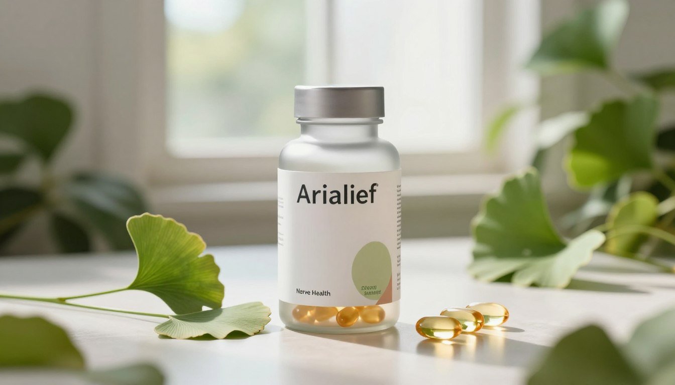 A sleek, modern bottle of Arialief nerve health supplement, elegantly placed on a clean, reflective surface amid lush greenery that symbolizes vitality. The bottle is made of frosted glass with minimalist labels showcasing soft, calming colors. In the foreground, delicate herbs and ingredients such as ginkgo biloba leaves and omega-3 capsules are artistically scattered around the bottle, invoking a sense of natural health. The middle layer features soft, diffused lighting that highlights the product's contours without harsh shadows, creating an inviting atmosphere. In the background, a blurred view of a tranquil indoor space with light streaming through a window enhances the feeling of wellness and serenity. The overall mood is refreshing and rejuvenating, aimed at illustrating a premium health supplement for nerve support.