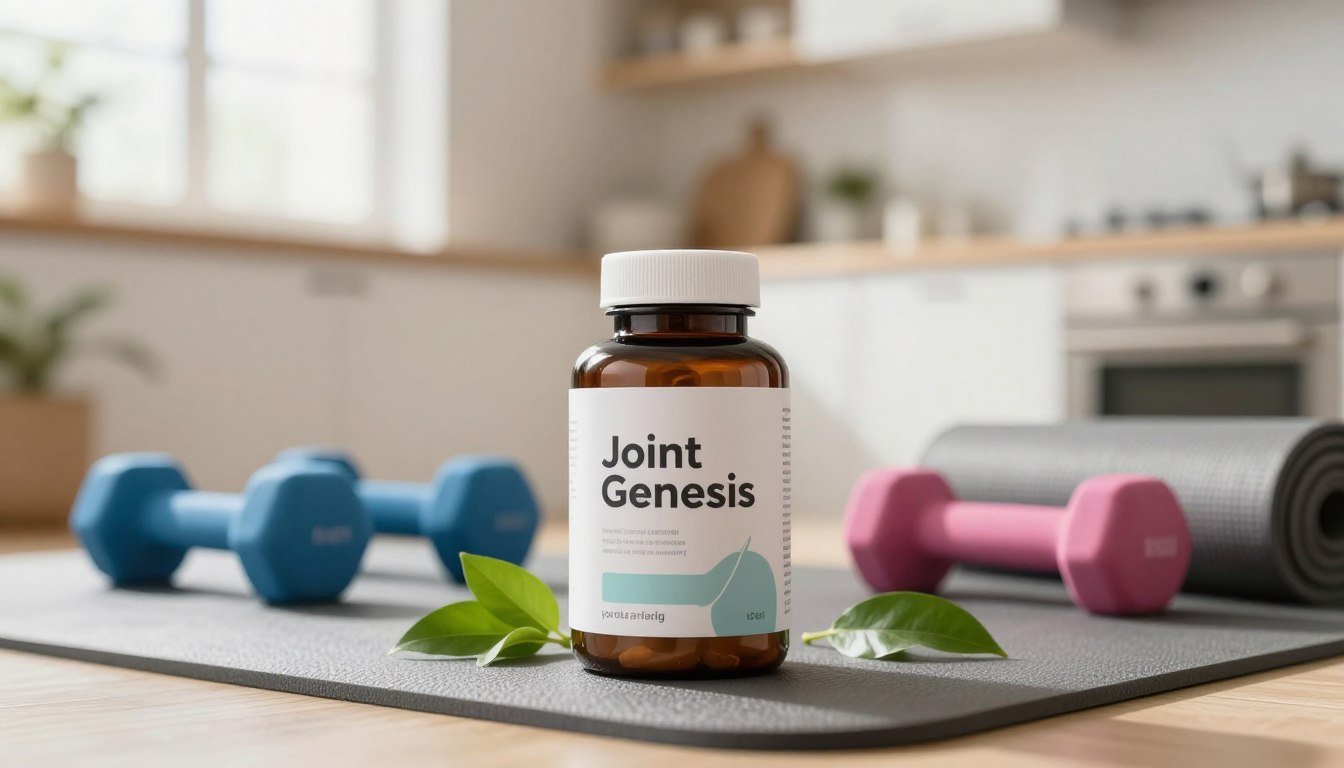 A sleek, modern bottle of "Joint Genesis" supplement sits prominently in the foreground, surrounded by fresh green leaves and vibrant exercise equipment like dumbbells and a yoga mat. The bottle is adorned with a minimalist, attractive label showcasing a health-focused design. In the middle ground, a soft-focus view of a well-lit, bright kitchen or a fitness studio creates an inviting atmosphere, hinting at an active lifestyle. The background features sunlight streaming in through a window, casting gentle shadows that enhance the serene environment. The overall mood conveys health, vitality, and rejuvenation, emphasizing the significance of joint health in maintaining an active lifestyle. The image is captured with a shallow depth of field, focusing sharply on the supplement while blending out the background softly. A sleek, modern bottle of "Joint Genesis" supplement sits prominently in the foreground, surrounded by fresh green leaves and vibrant exercise equipment like dumbbells and a yoga mat. The bottle is adorned with a minimalist, attractive label showcasing a health-focused design. In the middle ground, a soft-focus view of a well-lit, bright kitchen or a fitness studio creates an inviting atmosphere, hinting at an active lifestyle. The background features sunlight streaming in through a window, casting gentle shadows that enhance the serene environment. The overall mood conveys health, vitality, and rejuvenation, emphasizing the significance of joint health in maintaining an active lifestyle. The image is captured with a shallow depth of field, focusing sharply on the supplement while blending out the background softly.