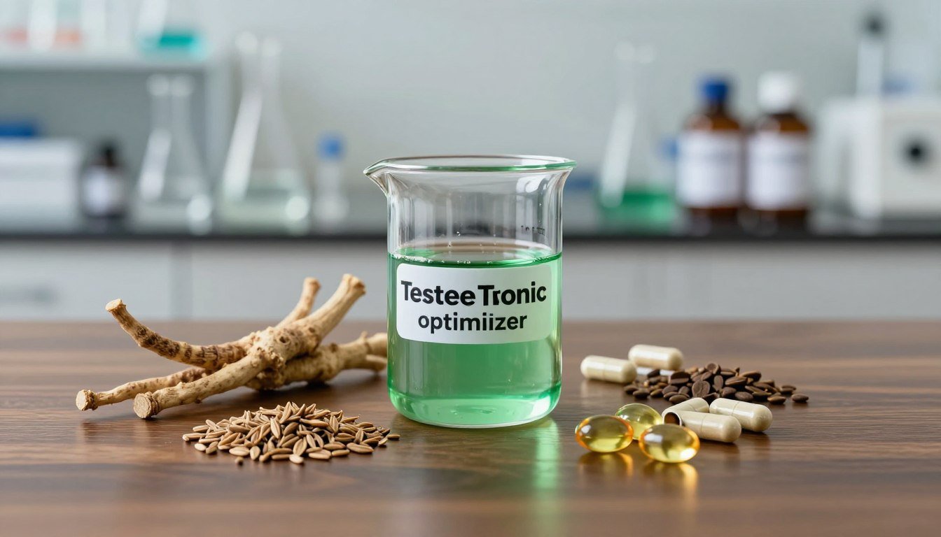 A sleek, modern composition showcasing the TestoTonic testosterone optimizer ingredients formula in a scientific setting. In the foreground, a clear glass beaker filled with a vibrant green potion symbolizes vitality. Surrounding the beaker are neatly arranged individual ingredients like ashwagandha root, fenugreek seeds, zinc capsules, and vitamin D softgels, presented on a polished, dark wooden table. In the middle, soft, diffused lighting highlights the glistening surfaces of the ingredients and the glass, creating an inviting atmosphere. The background features a blurred laboratory environment, with shelves of scientific tools and nutrient bottles, enhancing a sense of professionalism. The overall mood is energetic and optimistic, reflecting the essence of energizing health and wellness. A sleek, modern composition showcasing the TestoTonic testosterone optimizer ingredients formula in a scientific setting. In the foreground, a clear glass beaker filled with a vibrant green potion symbolizes vitality. Surrounding the beaker are neatly arranged individual ingredients like ashwagandha root, fenugreek seeds, zinc capsules, and vitamin D softgels, presented on a polished, dark wooden table. In the middle, soft, diffused lighting highlights the glistening surfaces of the ingredients and the glass, creating an inviting atmosphere. The background features a blurred laboratory environment, with shelves of scientific tools and nutrient bottles, enhancing a sense of professionalism. The overall mood is energetic and optimistic, reflecting the essence of energizing health and wellness.