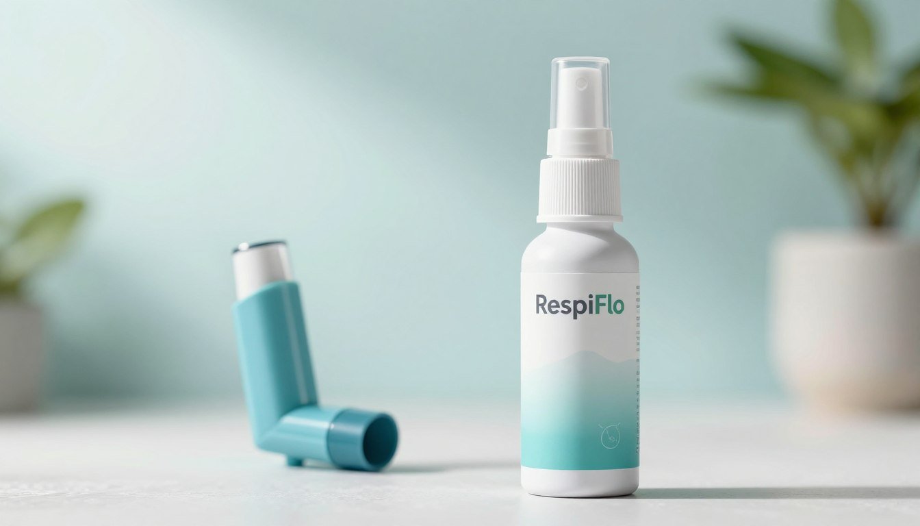 A sleek, modern depiction of the RespiFlo lung support spray product, prominently featured in the foreground. The spray bottle has a streamlined design with a soft gradient color scheme, emphasizing its health-oriented purpose. In the middle ground, a transparent inhaler or other respiratory device subtly complements the product. The background includes a softly blurred, airy environment with light, uplifting colors that evoke a sense of freshness and relief, such as light blues and greens. Natural light filters through, creating gentle highlights on the spray bottle to draw focus. The overall mood is calming and reassuring, showcasing the essence of respiratory support and well-being. The angle should be slightly low to give the product an authoritative focus without distractions. A sleek, modern depiction of the RespiFlo lung support spray product, prominently featured in the foreground. The spray bottle has a streamlined design with a soft gradient color scheme, emphasizing its health-oriented purpose. In the middle ground, a transparent inhaler or other respiratory device subtly complements the product. The background includes a softly blurred, airy environment with light, uplifting colors that evoke a sense of freshness and relief, such as light blues and greens. Natural light filters through, creating gentle highlights on the spray bottle to draw focus. The overall mood is calming and reassuring, showcasing the essence of respiratory support and well-being. The angle should be slightly low to give the product an authoritative focus without distractions.