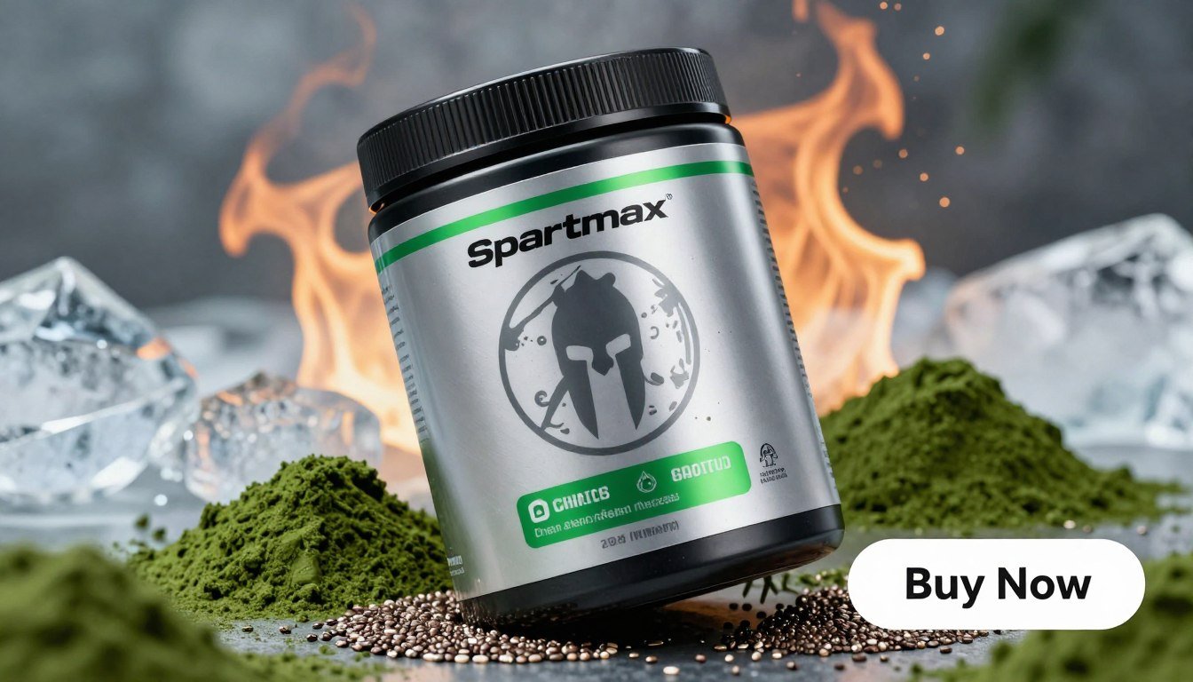 A sleek, modern fitness supplement container labeled "Spartamax" prominently displayed in the foreground. The container is silver with black and green accents, showcasing a powerful Spartan warrior silhouette embossed on the side. Surrounding the container are fresh green ingredients like spirulina and chia seeds that emphasize its natural formulation. In the middle, a dynamic background depicts an abstract blend of ice and fire, symbolizing strength and vitality. Soft, focused lighting highlights the container, creating an energetic and motivational atmosphere. The image angle is slightly tilted from above, creating a sense of action and appeal. A clear, bold "Buy Now" button overlay is subtly placed in the bottom right corner, inviting viewers to take action. A sleek, modern fitness supplement container labeled "Spartamax" prominently displayed in the foreground. The container is silver with black and green accents, showcasing a powerful Spartan warrior silhouette embossed on the side. Surrounding the container are fresh green ingredients like spirulina and chia seeds that emphasize its natural formulation. In the middle, a dynamic background depicts an abstract blend of ice and fire, symbolizing strength and vitality. Soft, focused lighting highlights the container, creating an energetic and motivational atmosphere. The image angle is slightly tilted from above, creating a sense of action and appeal. A clear, bold "Buy Now" button overlay is subtly placed in the bottom right corner, inviting viewers to take action.