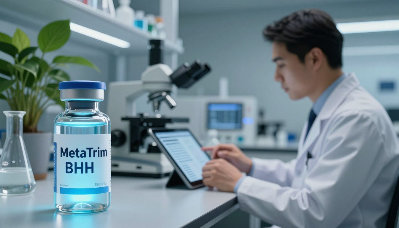A sleek, modern laboratory setting focused on the concept of ketosis support, showcasing a sophisticated display of scientific equipment and supplements. In the foreground, a polished glass vial containing MetaTrim BHB, glowing softly in a cool, blue light, symbolizes advanced science. In the middle, a researcher in business attire, focused and attentive, examines data on a digital tablet, depicting the meticulous study of the formulation. The background features a high-tech microscope and vibrant green plant life, hinting at natural sources of energy. Ambient lighting enhances the atmosphere of innovation and professionalism. The overall mood is one of curiosity and progress, conveying the advanced science behind ketosis support without any distractions. A sleek, modern laboratory setting focused on the concept of ketosis support, showcasing a sophisticated display of scientific equipment and supplements. In the foreground, a polished glass vial containing MetaTrim BHB, glowing softly in a cool, blue light, symbolizes advanced science. In the middle, a researcher in business attire, focused and attentive, examines data on a digital tablet, depicting the meticulous study of the formulation. The background features a high-tech microscope and vibrant green plant life, hinting at natural sources of energy. Ambient lighting enhances the atmosphere of innovation and professionalism. The overall mood is one of curiosity and progress, conveying the advanced science behind ketosis support without any distractions.