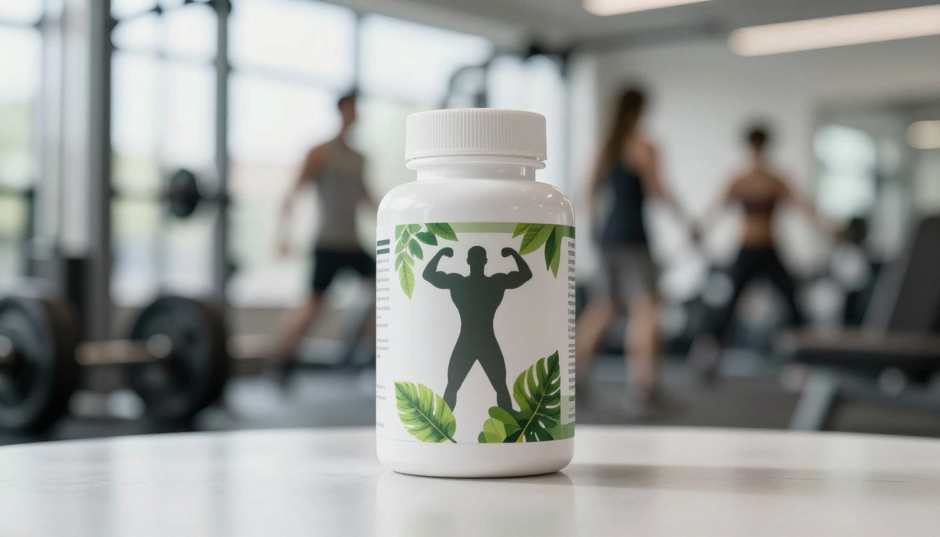 A sleek, modern male health supplement bottle prominently displayed in the foreground, showcasing a label design that includes natural elements like leaves and a muscular silhouette to convey strength. The bottle is situated on a clean, reflective surface, with a slightly blurred background depicting a bright gym environment filled with weights and workout equipment. Soft, natural lighting illuminates the scene, creating a fresh and invigorating atmosphere. The overall mood is energetic and motivating, ideal for fitness enthusiasts. The camera angle is slightly above eye level, focusing on the supplement while subtly hinting at an active lifestyle behind it. Ensure a professional setting, void of any distractions or clutter.