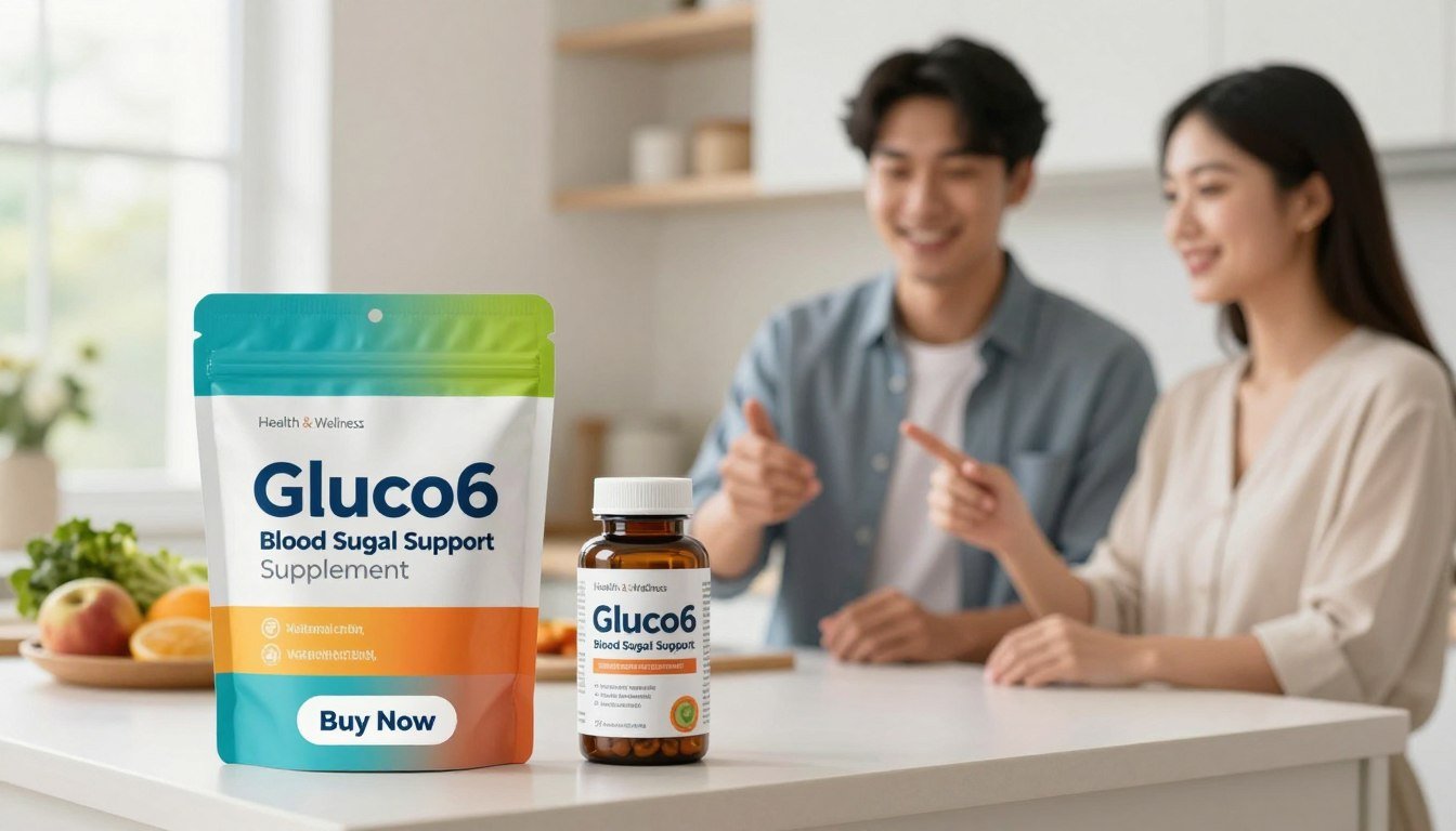 A sleek, modern package of "Gluco6 Blood Sugar Support Supplement" prominently displayed in the foreground, showcasing vibrant colors and an appealing design. A young man and woman, both in professional attire, are holding the supplement bottle, smiling, and exuding confidence in its natural benefits. In the middle ground, a clean, soft-focus kitchen setting conveys a healthy lifestyle, with fruits and greens subtly arranged, indicating a connection to metabolic health. The background features a serene, well-lit space with natural light streaming through a window, creating a warm ambiance. The atmosphere feels optimistic and inviting, emphasizing the product's role in supporting balanced blood sugar levels. Below the packaging, a stylish "Buy Now" button is incorporated, alongside the brand name "Health & Wellness" prominently displayed, without any text overlay or watermarks. A sleek, modern package of "Gluco6 Blood Sugar Support Supplement" prominently displayed in the foreground, showcasing vibrant colors and an appealing design. A young man and woman, both in professional attire, are holding the supplement bottle, smiling, and exuding confidence in its natural benefits. In the middle ground, a clean, soft-focus kitchen setting conveys a healthy lifestyle, with fruits and greens subtly arranged, indicating a connection to metabolic health. The background features a serene, well-lit space with natural light streaming through a window, creating a warm ambiance. The atmosphere feels optimistic and inviting, emphasizing the product's role in supporting balanced blood sugar levels. Below the packaging, a stylish "Buy Now" button is incorporated, alongside the brand name "Health & Wellness" prominently displayed, without any text overlay or watermarks.