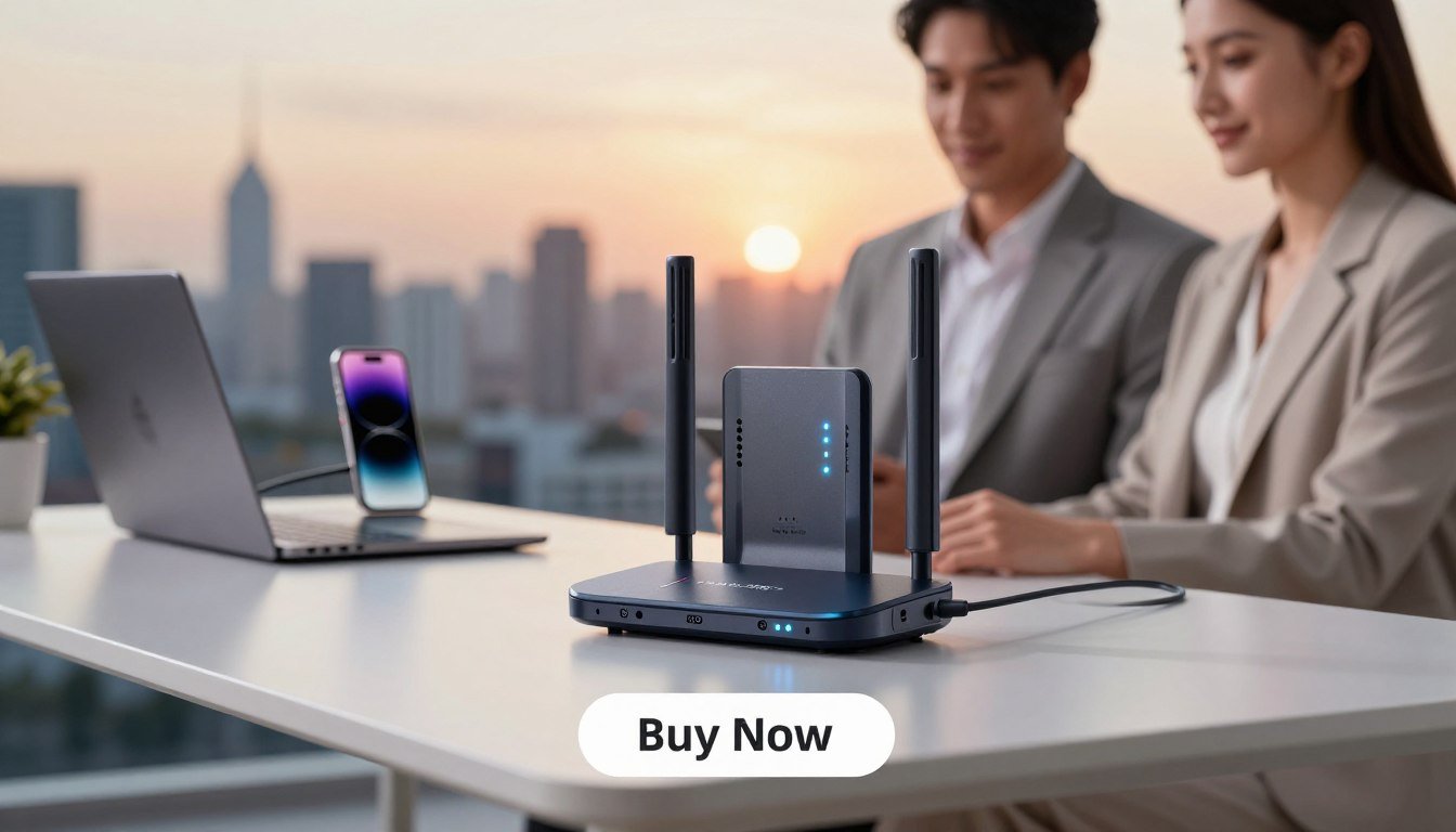 A sleek, modern portable WiFi router is prominently displayed in the foreground, held by a professional man and woman dressed in business attire, showcasing their connection to the Ryoko PRO technology. The router features glowing LED indicators and seamless design, emphasizing its compact form factor. The middle ground captures a stylized, minimalist workspace setup with a laptop and mobile devices connected to the router, illustrating its wireless capabilities. The background consists of a blurred cityscape at sunset, creating a warm, inviting atmosphere that embodies the concept of staying connected anywhere. Soft, diffused lighting enhances the professionalism of the scene, while a "Buy Now" button appears below the product image, with the brand name "Smart Connectivity Devices" subtly featured. A sleek, modern portable WiFi router is prominently displayed in the foreground, held by a professional man and woman dressed in business attire, showcasing their connection to the Ryoko PRO technology. The router features glowing LED indicators and seamless design, emphasizing its compact form factor. The middle ground captures a stylized, minimalist workspace setup with a laptop and mobile devices connected to the router, illustrating its wireless capabilities. The background consists of a blurred cityscape at sunset, creating a warm, inviting atmosphere that embodies the concept of staying connected anywhere. Soft, diffused lighting enhances the professionalism of the scene, while a "Buy Now" button appears below the product image, with the brand name "Smart Connectivity Devices" subtly featured.