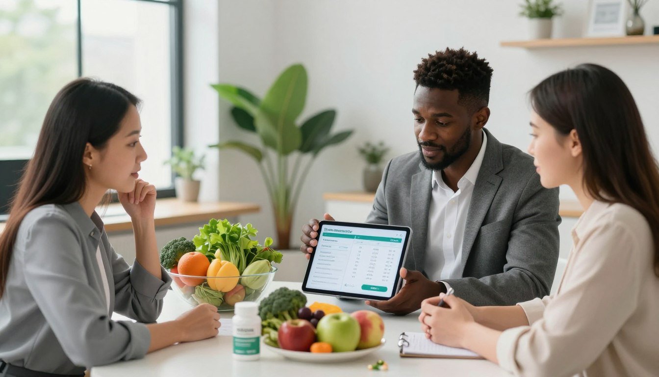 A sleek, modern workspace with a bright, airy atmosphere, emphasizing natural light filtering through large windows. In the foreground, a diverse group of three people—an Asian woman, a Black man, and a Caucasian woman—are engaged in a discussion around a table, all dressed in professional attire. They are examining healthy food options and an interactive digital tablet displaying weight management data. In the middle ground, a variety of fresh fruits, herbs, and supplements are artistically arranged on the table, symbolizing the holistic approach of SlimSana. The background features green plants and wellness-oriented decor, enhancing the natural theme. The overall mood is upbeat and collaborative, capturing the essence of transformation and support in weight management. Use a soft-focus lens to convey warmth and positivity. A sleek, modern workspace with a bright, airy atmosphere, emphasizing natural light filtering through large windows. In the foreground, a diverse group of three people—an Asian woman, a Black man, and a Caucasian woman—are engaged in a discussion around a table, all dressed in professional attire. They are examining healthy food options and an interactive digital tablet displaying weight management data. In the middle ground, a variety of fresh fruits, herbs, and supplements are artistically arranged on the table, symbolizing the holistic approach of SlimSana. The background features green plants and wellness-oriented decor, enhancing the natural theme. The overall mood is upbeat and collaborative, capturing the essence of transformation and support in weight management. Use a soft-focus lens to convey warmth and positivity.