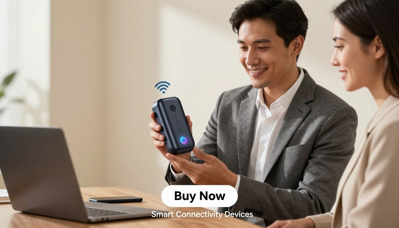 A sleek portable network device designed as a global WiFi hotspot with a modern, compact aesthetic. In the foreground, a professional-looking man and woman are holding the device, smiling as they demonstrate its features. The man is in a tailored business suit, while the woman is dressed in smart casual attire. The device is prominently displayed, showcasing its buttons and a vibrant LED indicator. In the middle ground, a subtle reflection hints at a stylish working space with a laptop and smartphone, emphasizing connectivity. In the background, soft, natural light filters through, creating a warm and inviting atmosphere. At the bottom of the image, a discreet "Buy Now” button is integrated, along with the brand name "Smart Connectivity Devices" subtly placed beneath. A sleek portable network device designed as a global WiFi hotspot with a modern, compact aesthetic. In the foreground, a professional-looking man and woman are holding the device, smiling as they demonstrate its features. The man is in a tailored business suit, while the woman is dressed in smart casual attire. The device is prominently displayed, showcasing its buttons and a vibrant LED indicator. In the middle ground, a subtle reflection hints at a stylish working space with a laptop and smartphone, emphasizing connectivity. In the background, soft, natural light filters through, creating a warm and inviting atmosphere. At the bottom of the image, a discreet "Buy Now” button is integrated, along with the brand name "Smart Connectivity Devices" subtly placed beneath.