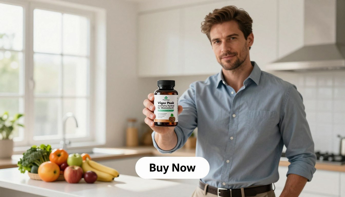 A strong, confident man in professional attire, standing proudly in a well-lit modern kitchen, holds a bottle of "Vigor Peak natürliche Formel für Männerkraft" in one hand. The product is labeled prominently, showcasing its natural ingredients and sleek design. In the background, fresh fruits and vegetables are displayed on a countertop, symbolizing health and vitality. Soft, natural light streams in from a nearby window, creating a warm and inviting atmosphere. A "Buy Now" button is subtly placed below the product, efficiently integrating into the scene. The overall mood conveys strength, wellness, and the promise of enhanced vitality. Brand name "👉 Men’s Health & Vitality Sup" is hinted at as part of the composition, enhancing the focus on male empowerment and health. A strong, confident man in professional attire, standing proudly in a well-lit modern kitchen, holds a bottle of "Vigor Peak natürliche Formel für Männerkraft" in one hand. The product is labeled prominently, showcasing its natural ingredients and sleek design. In the background, fresh fruits and vegetables are displayed on a countertop, symbolizing health and vitality. Soft, natural light streams in from a nearby window, creating a warm and inviting atmosphere. A "Buy Now" button is subtly placed below the product, efficiently integrating into the scene. The overall mood conveys strength, wellness, and the promise of enhanced vitality. Brand name "👉 Men’s Health & Vitality Sup" is hinted at as part of the composition, enhancing the focus on male empowerment and health.
