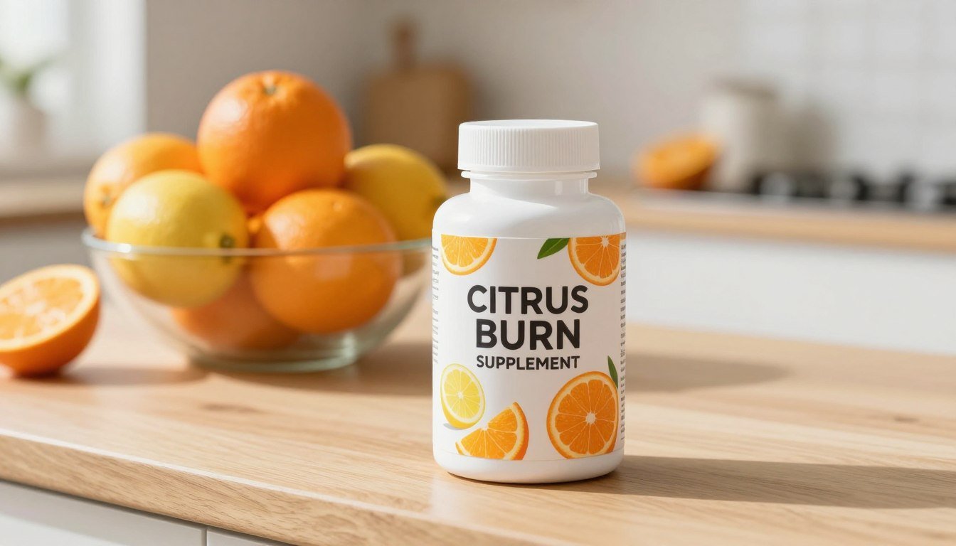 A vibrant and appealing display of a Citrus Burn Supplement bottle, positioned prominently in the foreground. The bottle, designed with a modern aesthetic, showcases bright citrus-themed graphics, including oranges and lemons, symbolizing freshness and vitality. Behind the bottle, a light, naturally lit kitchen scene features a wooden countertop and a bowl of fresh citrus fruits. The background is softly blurred to emphasize the supplement bottle. The lighting is warm and inviting, casting gentle shadows that create depth. The mood is energetic and health-focused, reflecting the essence of weight loss support through the power of citrus fruits. The angle captures the scene at eye-level, engaging the viewer with a sense of optimism and motivation. A vibrant and appealing display of a Citrus Burn Supplement bottle, positioned prominently in the foreground. The bottle, designed with a modern aesthetic, showcases bright citrus-themed graphics, including oranges and lemons, symbolizing freshness and vitality. Behind the bottle, a light, naturally lit kitchen scene features a wooden countertop and a bowl of fresh citrus fruits. The background is softly blurred to emphasize the supplement bottle. The lighting is warm and inviting, casting gentle shadows that create depth. The mood is energetic and health-focused, reflecting the essence of weight loss support through the power of citrus fruits. The angle captures the scene at eye-level, engaging the viewer with a sense of optimism and motivation.