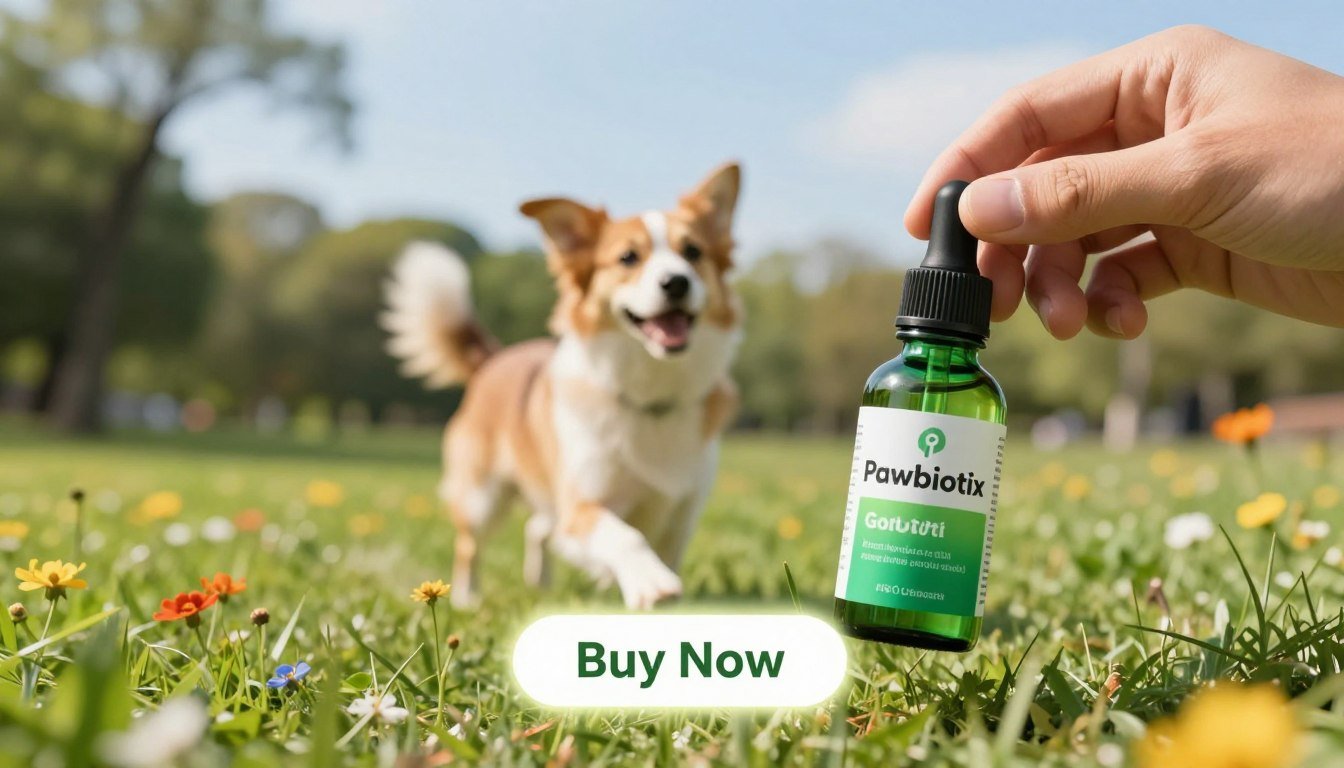 A vibrant and clean image showcasing "Pawbiotix" probiotic benefits for a healthy dog gut. In the foreground, a hand holding a green dropper bottle labeled "Pawbiotix," emphasizing its relevance to dog health. In the middle ground, a happy, healthy dog with a shiny coat, energetically playing in a bright, sunny park, surrounded by green grass and colorful flowers. The background features soft-focus trees and a clear blue sky, creating an uplifting atmosphere. The scene should be well-lit, with a warm glow highlighting the product and dog, evoking a sense of vitality and joy. Include a faint, glowing "Buy Now" button and a price tag subtly integrated into the composition, ensuring it remains visually appealing and professional.