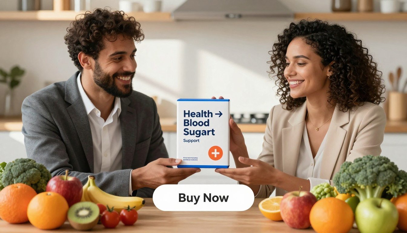 A vibrant and engaging scene depicting a "blood sugar balancing act." In the foreground, a diverse man and woman, dressed in professional business attire, hold a sleek, modern product labeled "Health → Blood Sugar Support." The product should be prominently displayed between them. In the middle ground, a variety of colorful fruits and veggies surround them, symbolizing healthy dietary choices and natural support for blood sugar levels. The background features a serene kitchen or wellness space bathed in warm, natural light, with soft shadows enhancing the atmosphere. The image captures a sense of harmony and optimism, inviting viewers to consider the importance of managing blood sugar effectively. Below the product, a subtle "Buy Now" button is integrated into the design, ensuring a cohesive and informative presentation. A vibrant and engaging scene depicting a "blood sugar balancing act." In the foreground, a diverse man and woman, dressed in professional business attire, hold a sleek, modern product labeled "Health → Blood Sugar Support." The product should be prominently displayed between them. In the middle ground, a variety of colorful fruits and veggies surround them, symbolizing healthy dietary choices and natural support for blood sugar levels. The background features a serene kitchen or wellness space bathed in warm, natural light, with soft shadows enhancing the atmosphere. The image captures a sense of harmony and optimism, inviting viewers to consider the importance of managing blood sugar effectively. Below the product, a subtle "Buy Now" button is integrated into the design, ensuring a cohesive and informative presentation.