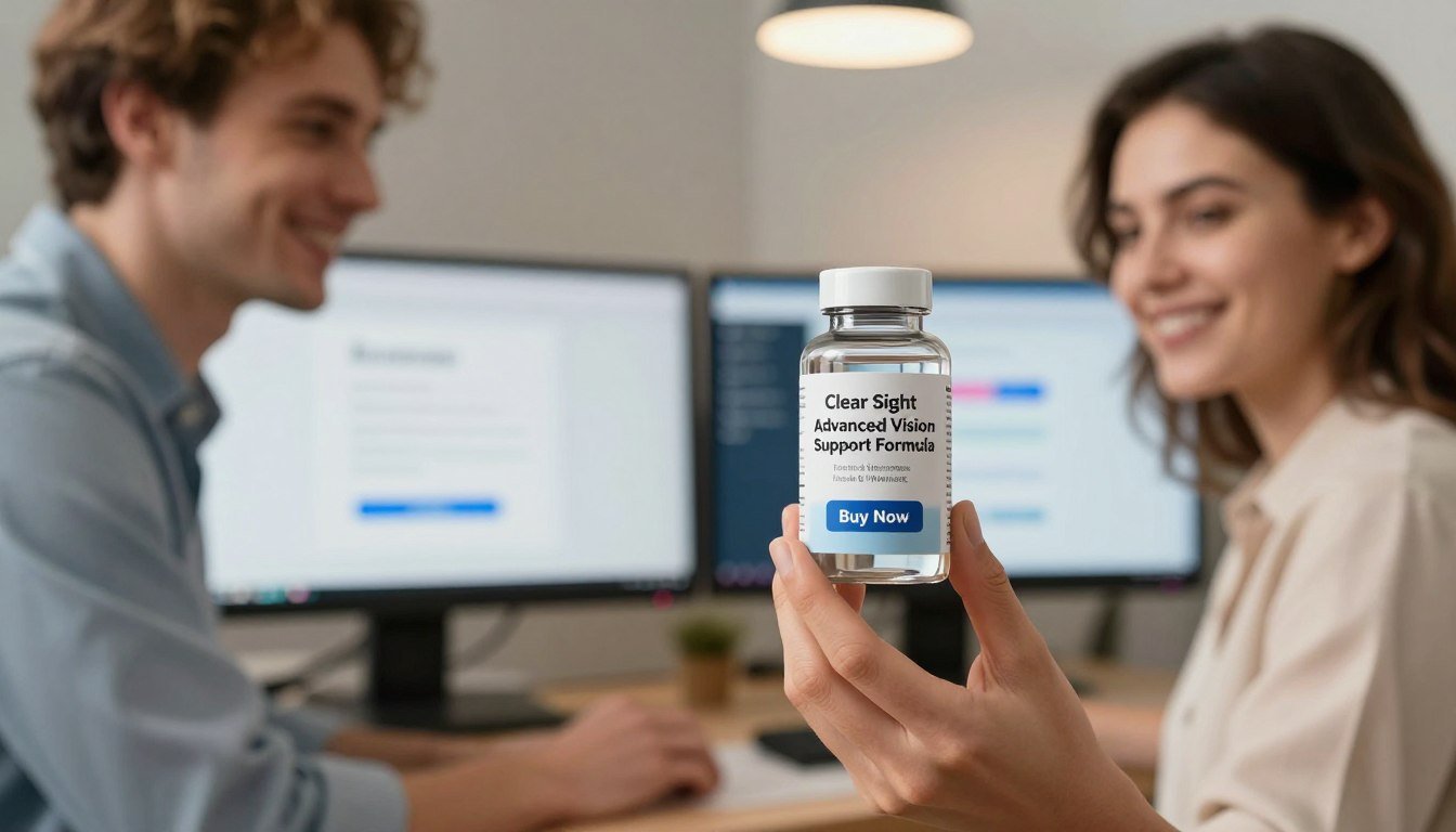 A vibrant and engaging scene depicting a modern, stylish man and woman in a professional setting, both casually dressed, holding a bottle of "Clear Sight – Advanced Vision Support Formula" prominently. In the foreground, the clear glass bottle, labeled with “Health & Wellness," glistens under soft, ambient lighting. The background features a cozy, well-lit office with digital screens displaying various apps, emphasizing the theme of screen time. A “Buy Now” button is featured beneath the product, inviting action. The overall mood is optimistic and health-conscious, showcasing the importance of eye support in today’s digital age. The use of a shallow depth of field adds focus on the product while blurring the surroundings slightly, giving a polished, professional look to the composition. A vibrant and engaging scene depicting a modern, stylish man and woman in a professional setting, both casually dressed, holding a bottle of "Clear Sight – Advanced Vision Support Formula" prominently. In the foreground, the clear glass bottle, labeled with “Health & Wellness," glistens under soft, ambient lighting. The background features a cozy, well-lit office with digital screens displaying various apps, emphasizing the theme of screen time. A “Buy Now” button is featured beneath the product, inviting action. The overall mood is optimistic and health-conscious, showcasing the importance of eye support in today’s digital age. The use of a shallow depth of field adds focus on the product while blurring the surroundings slightly, giving a polished, professional look to the composition.