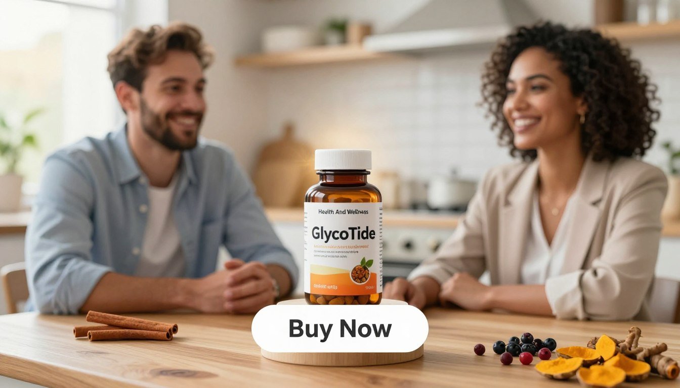 A vibrant and engaging scene showcasing a natural blood sugar supplement named "GlycoTide" by "Health And Wellness." In the foreground, a diverse couple—a man in a smart casual shirt and a woman in a business outfit—are holding the attractive bottle of GlycoTide, smiling and exuding confidence. The middle ground features a sleek wooden table adorned with natural ingredients like cinnamon sticks, turmeric, and berries, symbolizing the product's herbal composition. The background is softly blurred, depicting a tranquil kitchen setting with warm, natural light streaming in through a window, creating an inviting atmosphere. The image should have a subtle glow, emphasizing the purity and health benefits of the supplement. There’s a "Buy Now" button elegantly placed below the product to draw attention. A vibrant and engaging scene showcasing a natural blood sugar supplement named "GlycoTide" by "Health And Wellness." In the foreground, a diverse couple—a man in a smart casual shirt and a woman in a business outfit—are holding the attractive bottle of GlycoTide, smiling and exuding confidence. The middle ground features a sleek wooden table adorned with natural ingredients like cinnamon sticks, turmeric, and berries, symbolizing the product's herbal composition. The background is softly blurred, depicting a tranquil kitchen setting with warm, natural light streaming in through a window, creating an inviting atmosphere. The image should have a subtle glow, emphasizing the purity and health benefits of the supplement. There’s a "Buy Now" button elegantly placed below the product to draw attention.