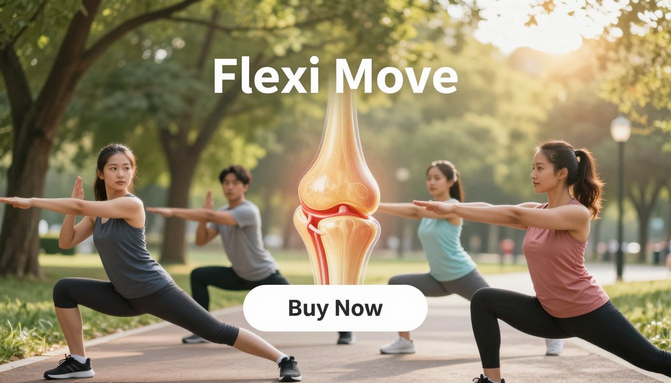 A vibrant and engaging scene showcasing the benefits of "Flexi Move" for healthy blood flow and cartilage restoration. In the foreground, a diverse group of three active individuals in professional athletic wear, demonstrating dynamic stretching exercises that highlight joint flexibility. The middle ground includes a graphic representation of healthy joints, showing smooth cartilage and flowing blood, illuminated in soft, warm light to evoke a sense of vitality and comfort. In the background, a serene park environment with lush green trees and soft sunlight filtering through leaves to create a peaceful, inviting atmosphere. Use a soft-focus lens effect to enhance warmth and connection. The overall mood should convey energy, health, and the joy of movement, with a clear and visible "Buy Now" button overlay for product emphasis.