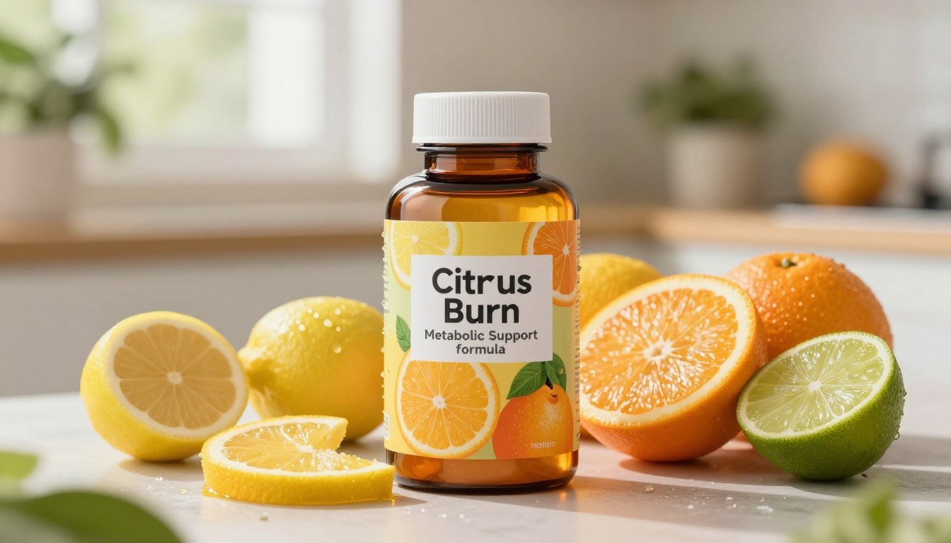 A vibrant and enticing display of a Citrus Burn Metabolic Support Formula. In the foreground, a sleek, modern bottle with a colorful label showcasing citrus fruits—lemons, oranges, and limes—surrounding it. The bottle is illuminated by a warm, soft light to create an inviting feel. In the middle, an array of fresh, juicy citrus slices is artfully arranged with subtle dew drops to highlight freshness. In the background, blurred greenery and a light kitchen setting suggest a healthy lifestyle ambiance, with soft natural light filtering through. The mood is energetic and revitalizing, capturing the essence of health and wellness that citrus fruits embody, while maintaining a clean and professional look. A vibrant and enticing display of a Citrus Burn Metabolic Support Formula. In the foreground, a sleek, modern bottle with a colorful label showcasing citrus fruits—lemons, oranges, and limes—surrounding it. The bottle is illuminated by a warm, soft light to create an inviting feel. In the middle, an array of fresh, juicy citrus slices is artfully arranged with subtle dew drops to highlight freshness. In the background, blurred greenery and a light kitchen setting suggest a healthy lifestyle ambiance, with soft natural light filtering through. The mood is energetic and revitalizing, capturing the essence of health and wellness that citrus fruits embody, while maintaining a clean and professional look.
