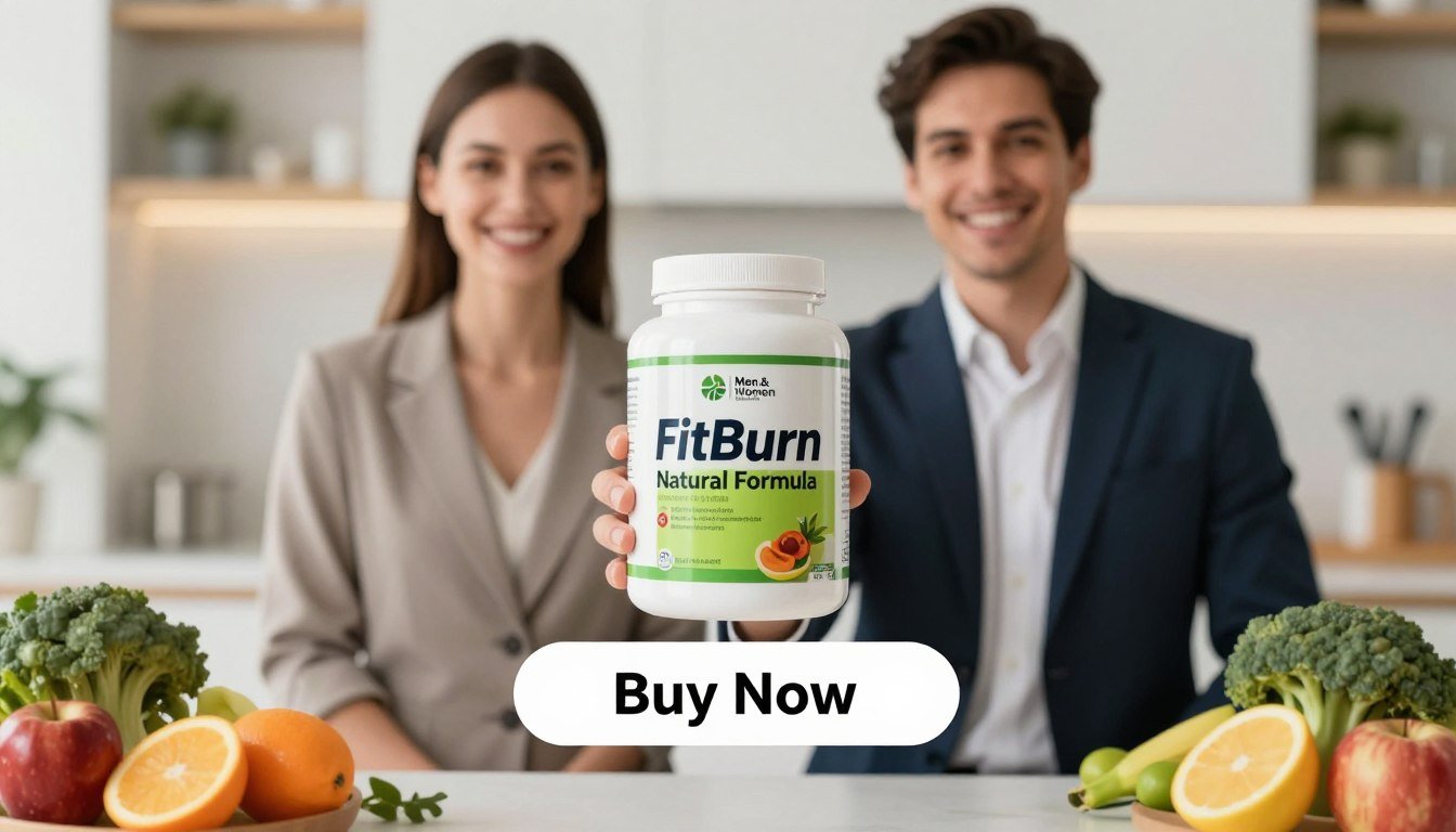 A vibrant and eye-catching product image featuring a man and a woman holding the "FitBurn Natural Formula" container prominently in the foreground. Both individuals should be dressed in professional business attire, exuding a sense of health and vitality. The middle ground should display healthy lifestyle elements, such as fresh fruits, vegetables, and fitness equipment subtly arranged around them, conveying the essence of weight management and energy. The background should be softly blurred to hint at a bright, modern kitchen or gym environment, with warm, inviting lighting to create an uplifting atmosphere. A large and eye-catching "Buy Now" button is positioned below the product, complementing the design. The brand name "Men & Women (Unisex Product)" is subtly incorporated into the overall composition without overwhelming the visuals. A vibrant and eye-catching product image featuring a man and a woman holding the "FitBurn Natural Formula" container prominently in the foreground. Both individuals should be dressed in professional business attire, exuding a sense of health and vitality. The middle ground should display healthy lifestyle elements, such as fresh fruits, vegetables, and fitness equipment subtly arranged around them, conveying the essence of weight management and energy. The background should be softly blurred to hint at a bright, modern kitchen or gym environment, with warm, inviting lighting to create an uplifting atmosphere. A large and eye-catching "Buy Now" button is positioned below the product, complementing the design. The brand name "Men & Women (Unisex Product)" is subtly incorporated into the overall composition without overwhelming the visuals.