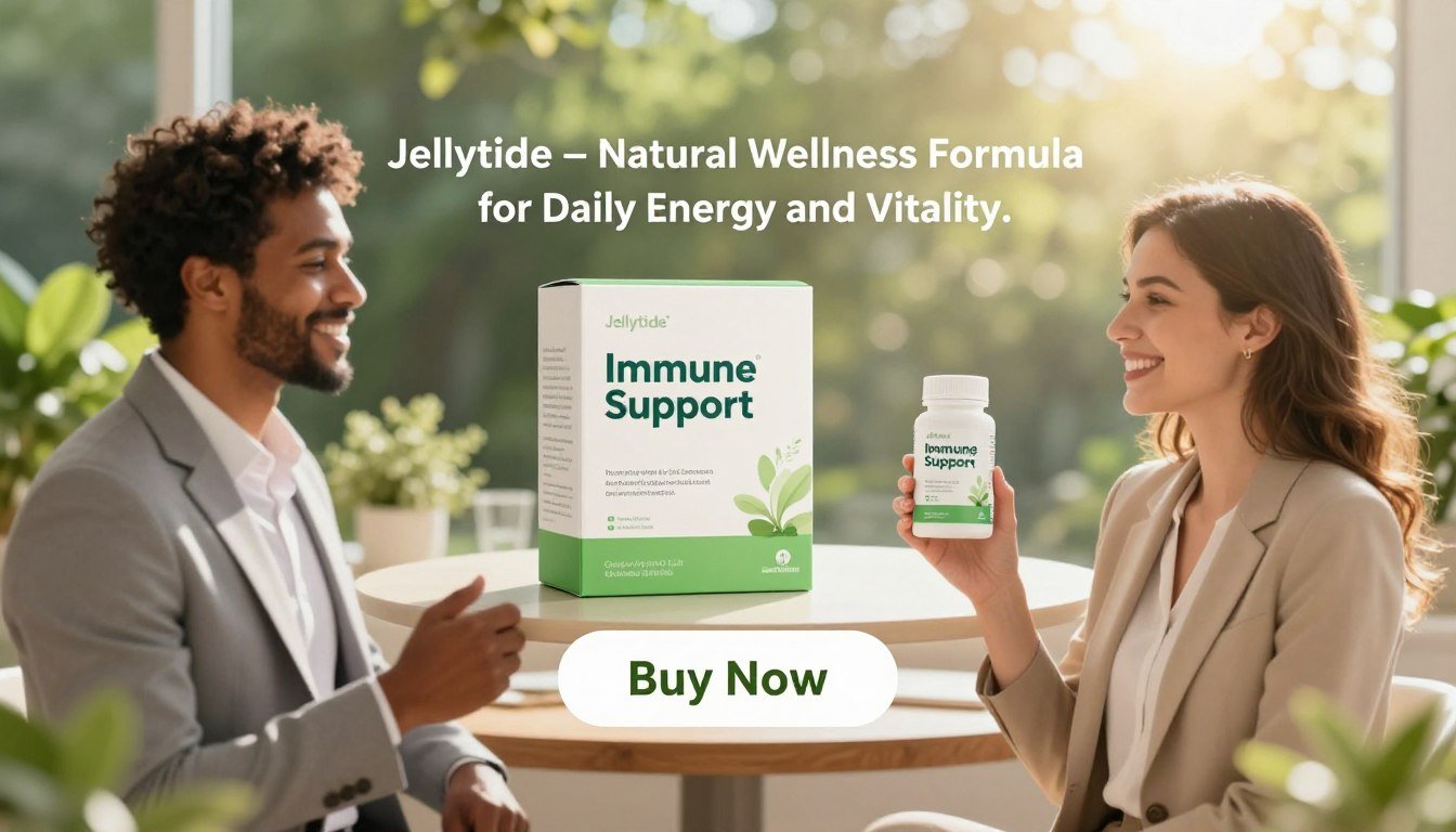 A vibrant and inviting product display showcasing "Jellytide – Natural Wellness Formula for Daily Energy and Vitality." In the foreground, a diverse man and woman, dressed in professional business attire, proudly hold the Jellytide product, smiling and exuding energy. The middle ground features an elegantly designed product box with the brand name "Immune Support" prominently displayed. In the background, a serene, sunlit environment with lush greenery suggests vitality and health, enhanced by gentle, warm sunlight streaming through. The composition is balanced and harmonious, creating an uplifting atmosphere that embodies wellness. The image should be captured with a soft-focus lens effect, ensuring a friendly and approachable mood without any text overlays or distractions. A subtle "Buy Now" button visually integrated into the design invites interest while keeping the focus on the product. A vibrant and inviting product display showcasing "Jellytide – Natural Wellness Formula for Daily Energy and Vitality." In the foreground, a diverse man and woman, dressed in professional business attire, proudly hold the Jellytide product, smiling and exuding energy. The middle ground features an elegantly designed product box with the brand name "Immune Support" prominently displayed. In the background, a serene, sunlit environment with lush greenery suggests vitality and health, enhanced by gentle, warm sunlight streaming through. The composition is balanced and harmonious, creating an uplifting atmosphere that embodies wellness. The image should be captured with a soft-focus lens effect, ensuring a friendly and approachable mood without any text overlays or distractions. A subtle "Buy Now" button visually integrated into the design invites interest while keeping the focus on the product.