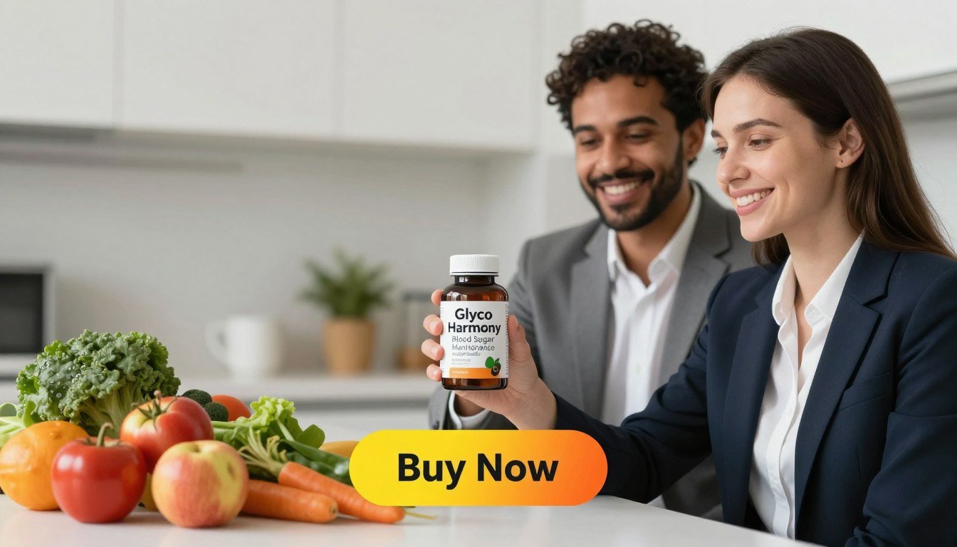 A vibrant and inviting scene featuring a well-lit, modern kitchen as the background. In the foreground, a diverse man and woman, dressed in professional business attire, each holding a sleek, branded bottle of "Glyco Harmony Blood Sugar Maintenance Supplement Formula." Their expressions are focused and positive, conveying a sense of trust and vitality. Soft, natural lighting highlights their features and the product, creating an atmosphere of health and wellness. The middle ground showcases fresh vegetables and fruits, emphasizing a healthy lifestyle. Below the product, a prominent "Buy Now" button in an eye-catching color invites action, reinforcing the product's accessibility. The overall mood is uplifting and energetic, inspiring viewers to consider natural diabetes management through Glyco Harmony. A vibrant and inviting scene featuring a well-lit, modern kitchen as the background. In the foreground, a diverse man and woman, dressed in professional business attire, each holding a sleek, branded bottle of "Glyco Harmony Blood Sugar Maintenance Supplement Formula." Their expressions are focused and positive, conveying a sense of trust and vitality. Soft, natural lighting highlights their features and the product, creating an atmosphere of health and wellness. The middle ground showcases fresh vegetables and fruits, emphasizing a healthy lifestyle. Below the product, a prominent "Buy Now" button in an eye-catching color invites action, reinforcing the product's accessibility. The overall mood is uplifting and energetic, inspiring viewers to consider natural diabetes management through Glyco Harmony.