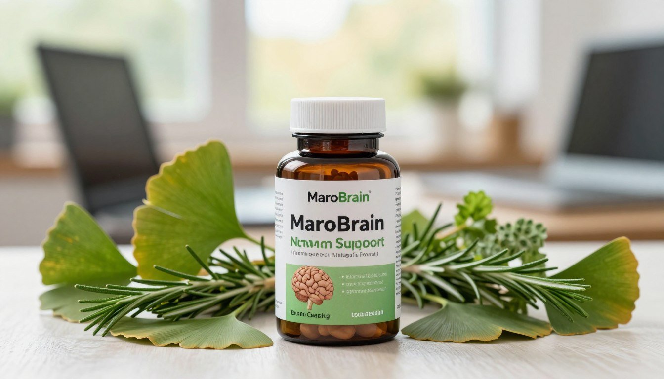 A vibrant close-up image depicting the MaroBrain natural brain support supplement bottle prominently in the foreground. The bottle, elegantly designed with a sleek, modern aesthetic, should showcase its labels with organic elements, emphasizing brain health and cognitive enhancement. In the middle ground, place an array of fresh herbs and plants known for cognitive benefits, such as ginkgo biloba and rosemary, artfully arranged to create an inviting health-conscious atmosphere. The background should feature a soft-focus office setting with a warm, natural light filtering through a window, suggesting a calm yet productive environment. Capture the essence of focus and clarity by using a slight bokeh effect to keep the viewer's attention on the supplement, while evoking a sense of well-being and mental vitality. A vibrant close-up image depicting the MaroBrain natural brain support supplement bottle prominently in the foreground. The bottle, elegantly designed with a sleek, modern aesthetic, should showcase its labels with organic elements, emphasizing brain health and cognitive enhancement. In the middle ground, place an array of fresh herbs and plants known for cognitive benefits, such as ginkgo biloba and rosemary, artfully arranged to create an inviting health-conscious atmosphere. The background should feature a soft-focus office setting with a warm, natural light filtering through a window, suggesting a calm yet productive environment. Capture the essence of focus and clarity by using a slight bokeh effect to keep the viewer's attention on the supplement, while evoking a sense of well-being and mental vitality.