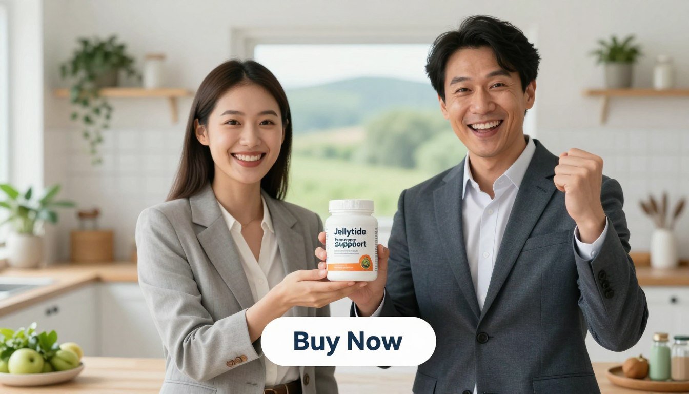 A vibrant, engaging scene showcasing a man and woman dressed in professional business attire, smiling and holding a stylish container of "Jellytide – Immune Support." The foreground features the duo, their faces radiating energy and vitality as they promote the wellness product. In the middle ground, an inviting kitchen or wellness space with natural lighting enhances the atmosphere, filled with greenery and health-focused decor. The background softly blurs into a serene landscape, symbolizing health and tranquility. The overall mood is optimistic and energetic, encouraging a sense of daily vitality and healthy living. Below the image, add a clear, appealing "Buy Now" button, seamlessly integrated into the design. A vibrant, engaging scene showcasing a man and woman dressed in professional business attire, smiling and holding a stylish container of "Jellytide – Immune Support." The foreground features the duo, their faces radiating energy and vitality as they promote the wellness product. In the middle ground, an inviting kitchen or wellness space with natural lighting enhances the atmosphere, filled with greenery and health-focused decor. The background softly blurs into a serene landscape, symbolizing health and tranquility. The overall mood is optimistic and energetic, encouraging a sense of daily vitality and healthy living. Below the image, add a clear, appealing "Buy Now" button, seamlessly integrated into the design.