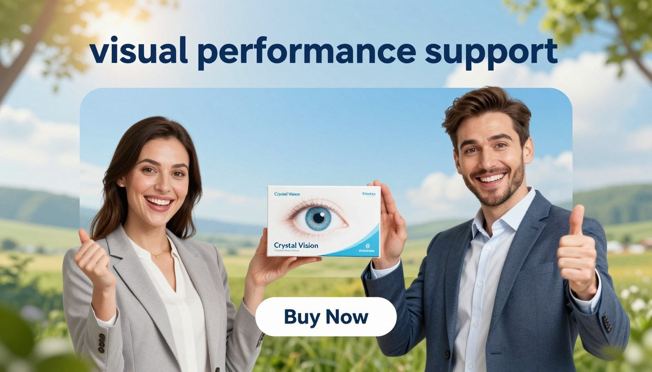 A vibrant, eye-catching image showcasing the concept of "visual performance support," featuring a confident man and woman in professional attire holding the Crystal Vision product with enthusiasm. They are positioned in the foreground, smiling and engaging with the viewer. The middle layer includes a soft-focus representation of a bright, clear vision, like a scenic landscape or a clear blue sky, symbolizing enhanced eye health. The background is a harmonious blend of calming colors to evoke a sense of trust and wellness, possibly with elements like gentle sunlight filtering through trees or soft clouds. The atmosphere is hopeful and encouraging. Include a “Buy Now” button below the product with the brand name "Health & Wellness" integrated seamlessly into the design. Lighting should be bright and inviting, with a slightly elevated angle for depth. A vibrant, eye-catching image showcasing the concept of "visual performance support," featuring a confident man and woman in professional attire holding the Crystal Vision product with enthusiasm. They are positioned in the foreground, smiling and engaging with the viewer. The middle layer includes a soft-focus representation of a bright, clear vision, like a scenic landscape or a clear blue sky, symbolizing enhanced eye health. The background is a harmonious blend of calming colors to evoke a sense of trust and wellness, possibly with elements like gentle sunlight filtering through trees or soft clouds. The atmosphere is hopeful and encouraging. Include a “Buy Now” button below the product with the brand name "Health & Wellness" integrated seamlessly into the design. Lighting should be bright and inviting, with a slightly elevated angle for depth.