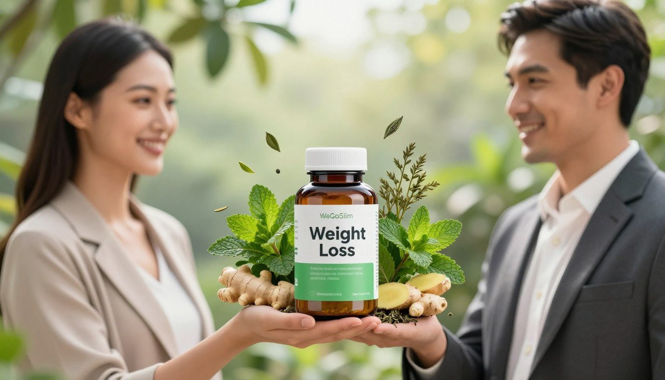 A vibrant, health-focused scene depicting a natural weight management solution. In the foreground, a man and woman smiling, holding a sleek, modern bottle labeled "Weight Loss" while wearing stylish, professional attire. The middle ground features fresh herbs like green tea, mint, and ginger artistically arranged around the product, symbolizing the natural ingredients of WeGoSlim. The background showcases a serene wellness environment, with soft light filtering through leaves, creating a calming atmosphere. Use a shallow depth of field to blur the background slightly, emphasizing the couple and the product. The overall mood is uplifting and inspiring, reflecting the essence of wellness and nature as a foundation for weight management.
