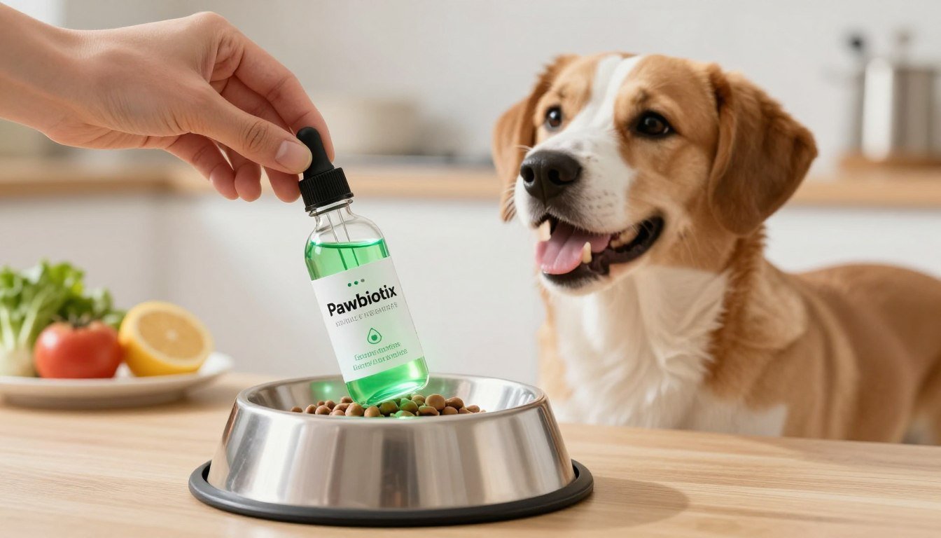 A vibrant image depicting a healthy dog bowl set against a warm, inviting kitchen backdrop. In the foreground, a hand gently holds a dropper bottle labeled "Pawbiotix," filled with a luminous green liquid symbolizing gut health. The bottle is interactive, highlighting its benefits for dog microbiome health, with a glowing effect and a clear price tag next to it. The midground features a happy, playful dog eagerly anticipating its meal, exuding vitality and wellness. In the background, soft lighting illuminates a clean environment with a subtle focus on dog-friendly food ingredients, creating a calming atmosphere. The scene evokes a sense of security and joy surrounding pet health, emphasizing the importance of gut microbiome without any text or distractions.