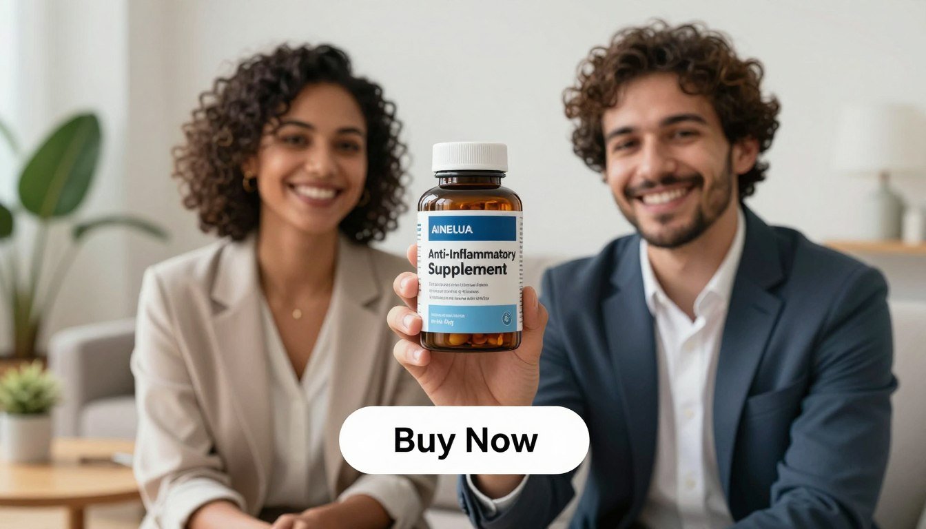 A vibrant image of a joint stiffness relief supplement, with a focus on the product “Anti-Inflammatory Supplement”. In the foreground, a diverse man and woman, dressed in professional business attire, are smiling and holding the supplement bottle confidently, showcasing its benefits. The middle ground features a clearly labeled “Buy Now” button beneath them, emphasizing action. The background is softly blurred, highlighting a cozy living room setting with warm lighting, creating an inviting atmosphere. Natural elements such as a potted plant and a wooden table are subtly included, reinforcing the theme of health and wellness. The lighting is bright yet soft, capturing a hopeful and positive mood while ensuring no text overlays or watermarks are present. A vibrant image of a joint stiffness relief supplement, with a focus on the product “Anti-Inflammatory Supplement”. In the foreground, a diverse man and woman, dressed in professional business attire, are smiling and holding the supplement bottle confidently, showcasing its benefits. The middle ground features a clearly labeled “Buy Now” button beneath them, emphasizing action. The background is softly blurred, highlighting a cozy living room setting with warm lighting, creating an inviting atmosphere. Natural elements such as a potted plant and a wooden table are subtly included, reinforcing the theme of health and wellness. The lighting is bright yet soft, capturing a hopeful and positive mood while ensuring no text overlays or watermarks are present.