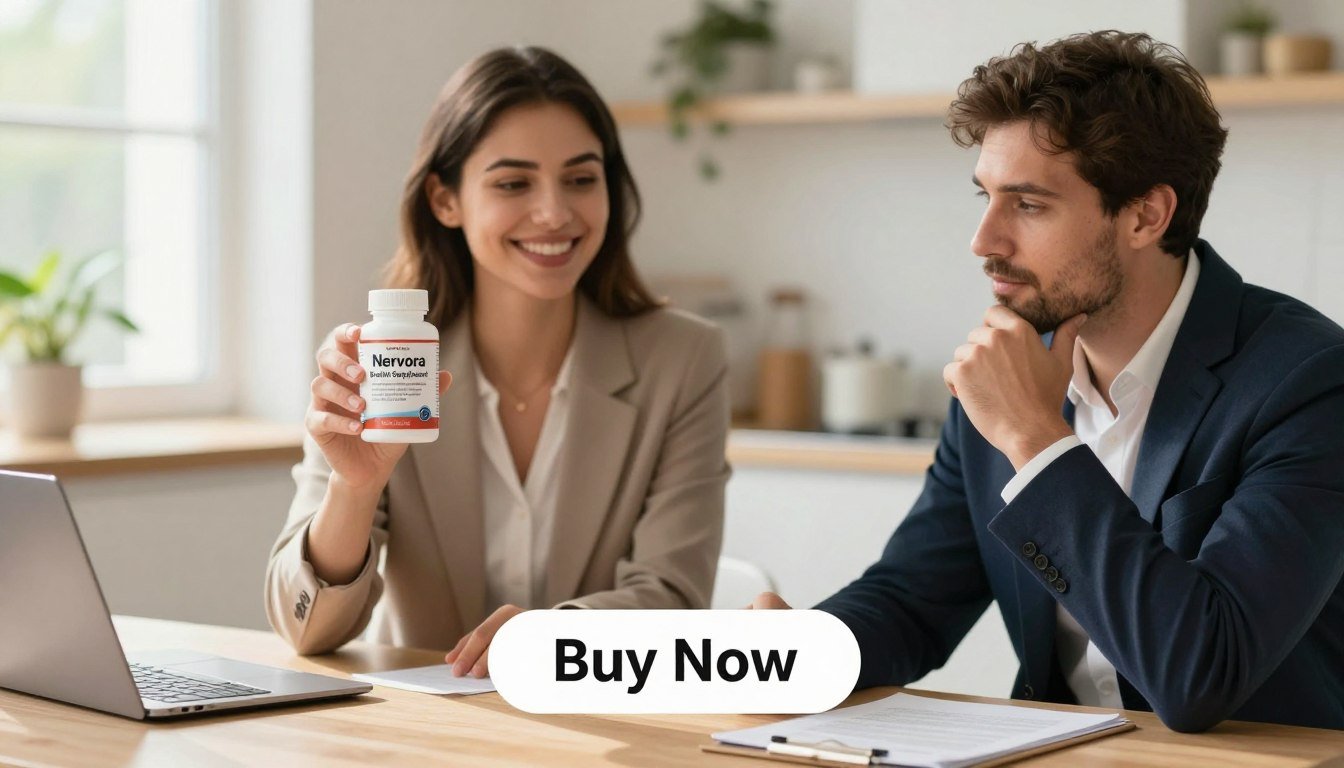 A vibrant product image showcasing "Nervora Brain Health Supplement" by "Health & Wellness". In the foreground, depict a woman and a man in professional business attire, each holding the supplement bottle proudly. The woman has a confident smile while the man looks thoughtful and engaged. In the middle ground, incorporate a clean, modern kitchen table with soft natural lighting streaming in from a nearby window, creating a warm and inviting atmosphere. The background should be softly blurred with hints of green plants and bright decor, suggesting a healthy lifestyle. Below the product image, include a prominent "Buy Now" button, styled in an appealing way to draw attention. The overall mood should convey health, wellness, and vitality, inviting viewers to consider the benefits of the supplement.