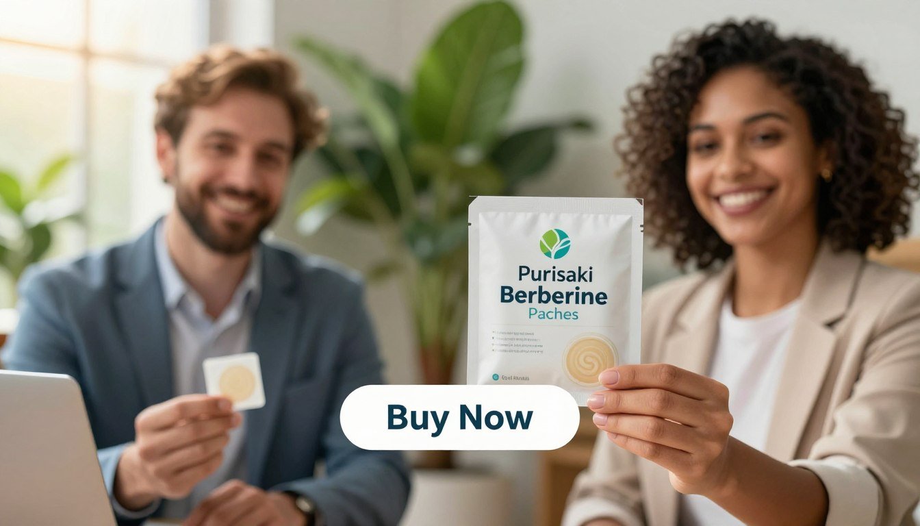 A vibrant, professional setting featuring a diverse man and woman dressed in smart casual attire, showcasing Purisaki Berberine Patches. The foreground highlights the patches held in their hands, with the "Health & Wellness" brand logo prominently displayed on the packaging. In the middle ground, a clear "Buy Now" button invites interaction. The background is a softly lit environment with lush greenery, symbolizing health and vitality, enhancing the theme of metabolic support. Natural sunlight filters through a nearby window, casting a warm glow, creating an inviting atmosphere. The composition conveys a sense of urgency and importance regarding effective metabolic support, aligning seamlessly with the subject matter of wellness and lifestyle improvement. A vibrant, professional setting featuring a diverse man and woman dressed in smart casual attire, showcasing Purisaki Berberine Patches. The foreground highlights the patches held in their hands, with the "Health & Wellness" brand logo prominently displayed on the packaging. In the middle ground, a clear "Buy Now" button invites interaction. The background is a softly lit environment with lush greenery, symbolizing health and vitality, enhancing the theme of metabolic support. Natural sunlight filters through a nearby window, casting a warm glow, creating an inviting atmosphere. The composition conveys a sense of urgency and importance regarding effective metabolic support, aligning seamlessly with the subject matter of wellness and lifestyle improvement.