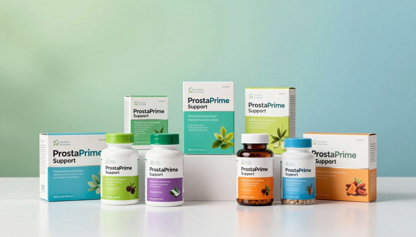 A visually appealing display of "ProstaPrime Support" prostate supplement package options, arranged neatly in the foreground. The focus is on several vibrant, eye-catching supplement bottles and boxes, showcasing natural ingredients with labels highlighting their benefits. The middle layer features a subtle gradient background in soft greens and blues, evoking a sense of health and wellness. Soft, diffused lighting illuminates the products, creating gentle reflections on the surfaces to enhance their appeal. The overall atmosphere is calming and professional, suggesting trust and reliability. Ensure the scene feels inviting and informative without any text or branding beyond the product design itself. No human figures should be present; emphasis remains solely on the supplement packages. A visually appealing display of "ProstaPrime Support" prostate supplement package options, arranged neatly in the foreground. The focus is on several vibrant, eye-catching supplement bottles and boxes, showcasing natural ingredients with labels highlighting their benefits. The middle layer features a subtle gradient background in soft greens and blues, evoking a sense of health and wellness. Soft, diffused lighting illuminates the products, creating gentle reflections on the surfaces to enhance their appeal. The overall atmosphere is calming and professional, suggesting trust and reliability. Ensure the scene feels inviting and informative without any text or branding beyond the product design itself. No human figures should be present; emphasis remains solely on the supplement packages.