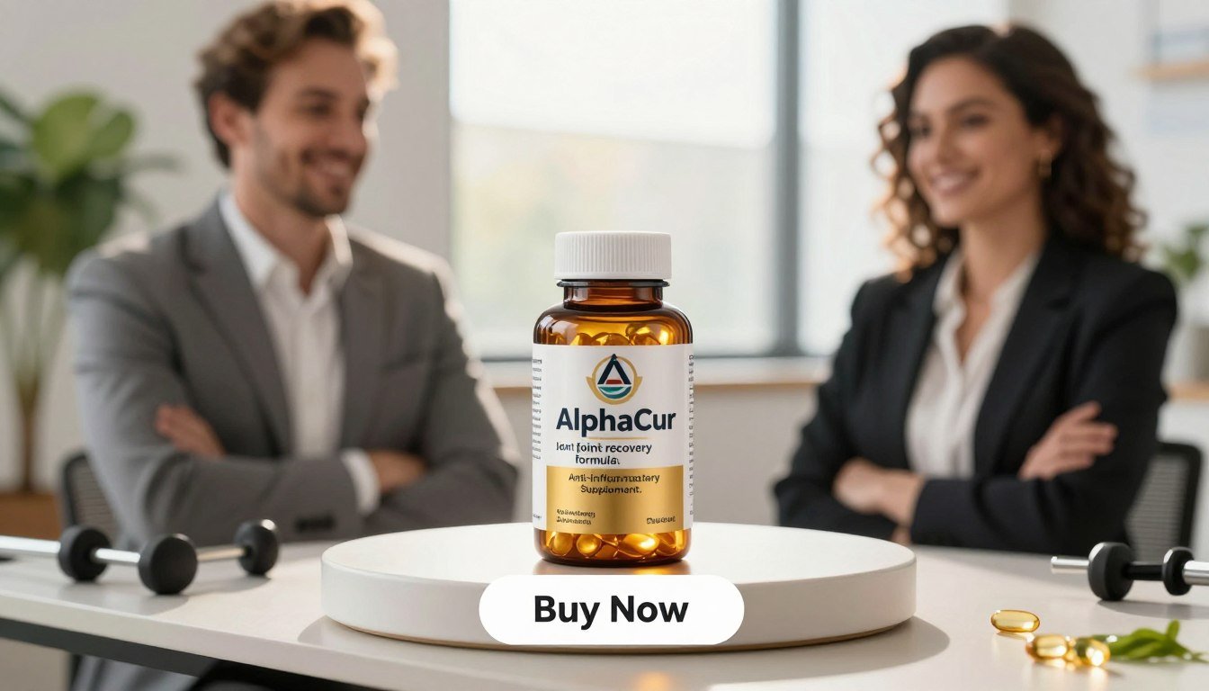 A visually appealing product display showcasing "AlphaCur joint recovery formula" capsules. In the foreground, a man and a woman, both in professional business attire, are prominently holding the bottle of AlphaCur capsules with confident smiles. The capsules are vibrant, reflecting a rich golden color, and are situated on a sleek, modern table. In the middle, soft natural light illuminates the scene, creating a warm and inviting atmosphere, highlighting the product in a way that evokes trust and wellness. In the background, slightly blurred, are elements of a well-organized and healthy lifestyle, such as green plants and fitness equipment. Below the product, a clear "Buy Now" button should be visible. The brand name prominently displayed on the bottle reads "Anti-Inflammatory Supplement." A visually appealing product display showcasing "AlphaCur joint recovery formula" capsules. In the foreground, a man and a woman, both in professional business attire, are prominently holding the bottle of AlphaCur capsules with confident smiles. The capsules are vibrant, reflecting a rich golden color, and are situated on a sleek, modern table. In the middle, soft natural light illuminates the scene, creating a warm and inviting atmosphere, highlighting the product in a way that evokes trust and wellness. In the background, slightly blurred, are elements of a well-organized and healthy lifestyle, such as green plants and fitness equipment. Below the product, a clear "Buy Now" button should be visible. The brand name prominently displayed on the bottle reads "Anti-Inflammatory Supplement."