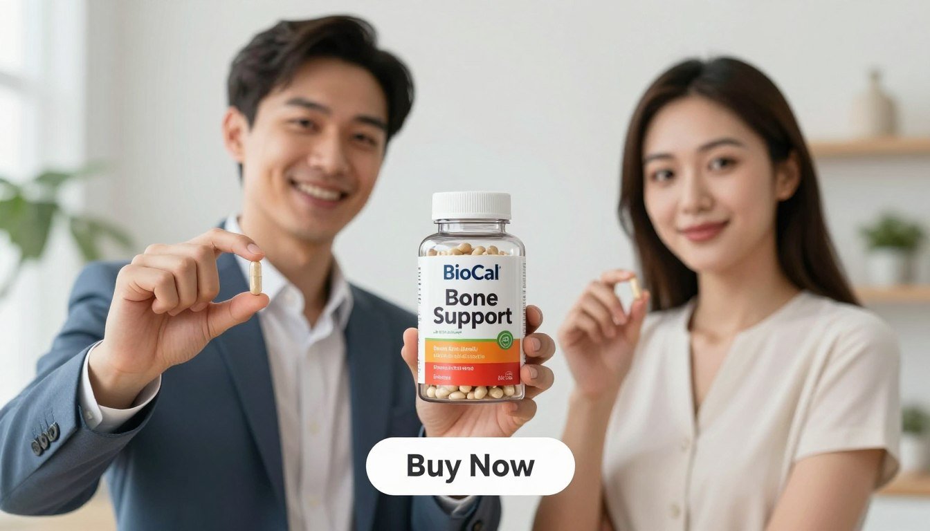 A visually compelling product image showcasing a man and woman in professional attire, standing together in a bright, modern setting. They are holding BioCal Bone Support Capsules, confidently presenting them to the viewer. The foreground captures their engaging expressions, emphasizing the importance of bone health. In the middle ground, a stylish, clear bottle of the product is showcased prominently with vibrant colors, alongside a "Buy Now" button just below it. The background features a softly blurred, inviting environment that suggests active, healthy living, with hints of nature and wellness decor. The lighting is bright and uplifting, creating a hopeful atmosphere that highlights the importance of bone and joint health. Include a subtle brand label "Health → Bone & Joint Support" on the product packaging to reinforce the branding. A visually compelling product image showcasing a man and woman in professional attire, standing together in a bright, modern setting. They are holding BioCal Bone Support Capsules, confidently presenting them to the viewer. The foreground captures their engaging expressions, emphasizing the importance of bone health. In the middle ground, a stylish, clear bottle of the product is showcased prominently with vibrant colors, alongside a "Buy Now" button just below it. The background features a softly blurred, inviting environment that suggests active, healthy living, with hints of nature and wellness decor. The lighting is bright and uplifting, creating a hopeful atmosphere that highlights the importance of bone and joint health. Include a subtle brand label "Health → Bone & Joint Support" on the product packaging to reinforce the branding.